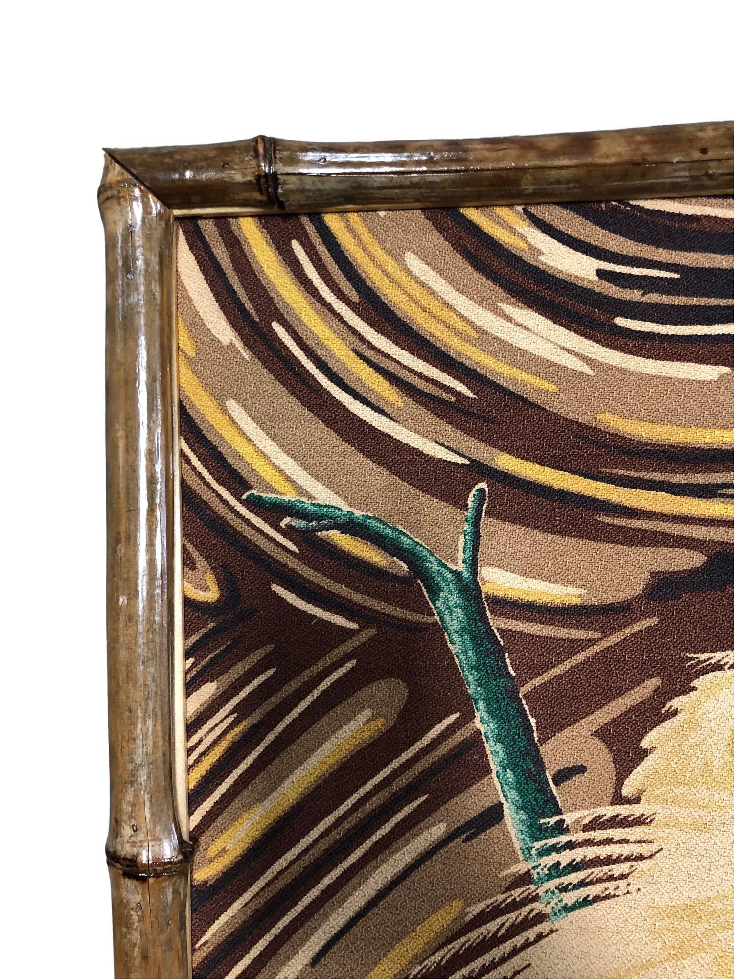 Restored 1949 Rattan Framed Square Crane Bark Cloth Fabric Sample by Spectrum In Excellent Condition For Sale In Van Nuys, CA