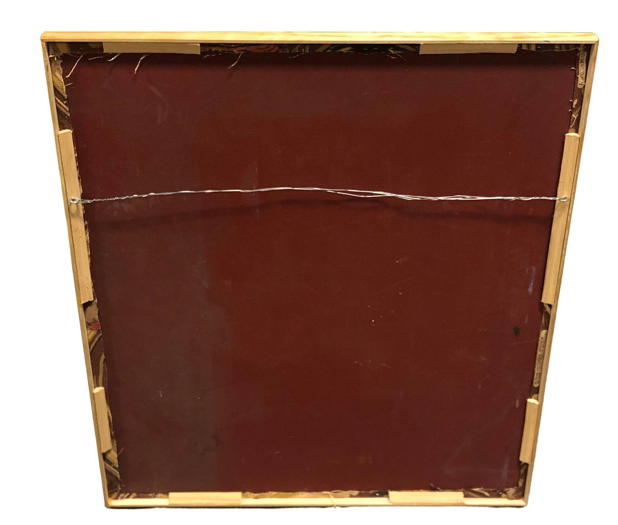 Restored 1949 Rattan Framed Square Crane Bark Cloth Fabric Sample by Spectrum For Sale 1