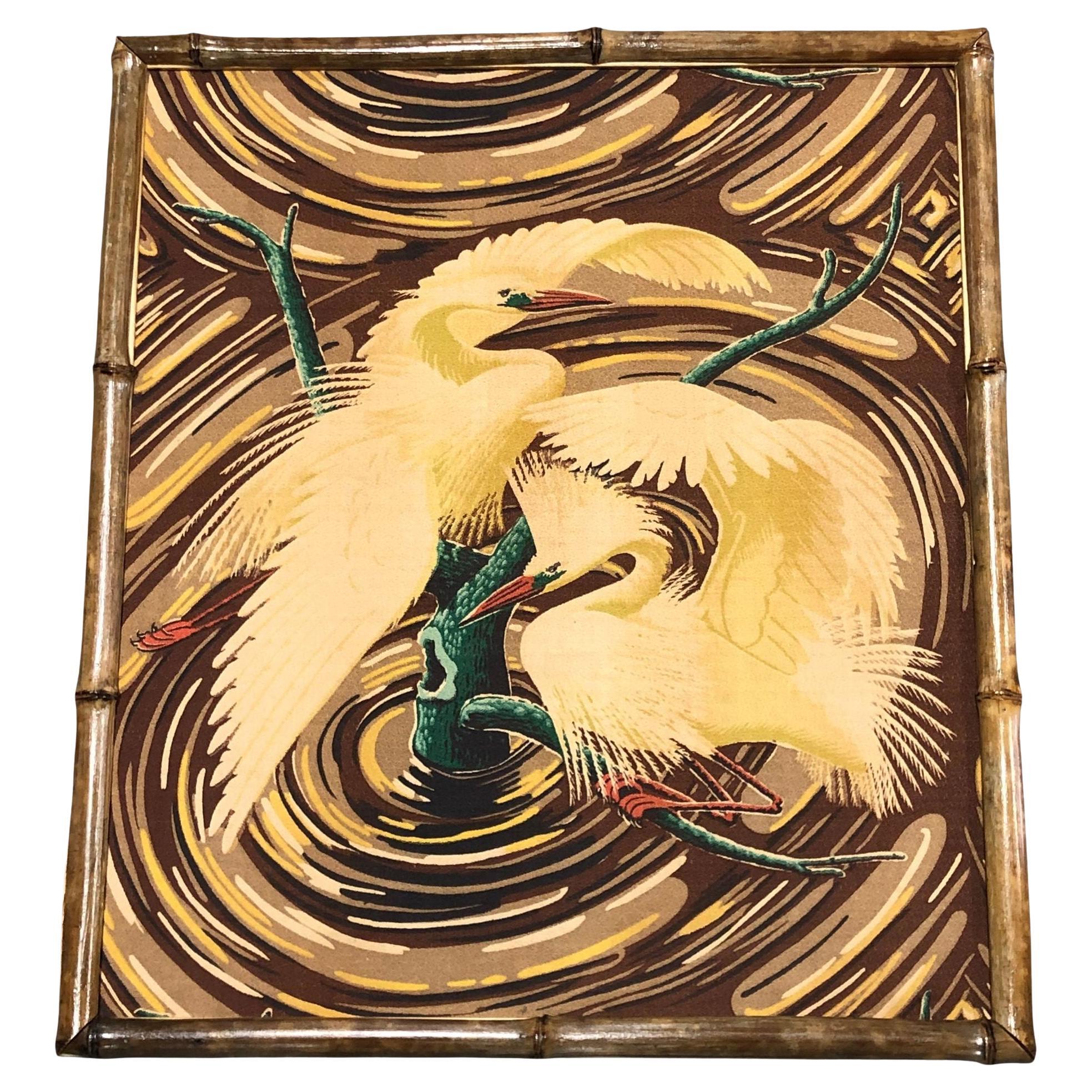 Restored 1949 Rattan Framed Square Crane Bark Cloth Fabric Sample by Spectrum
