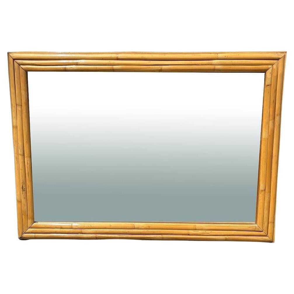 Restored 41" Mid-Century 3-Strand Rattan Frame Wall Mirror