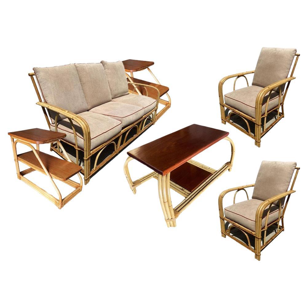 Restored "1949er" Rattan Lounge Chair & Sofa Livingroom Set For Sale