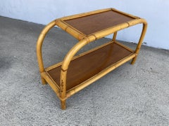 Restored 1950s Boho Two-Tier "Arch" Rattan & Mahogany Side Table