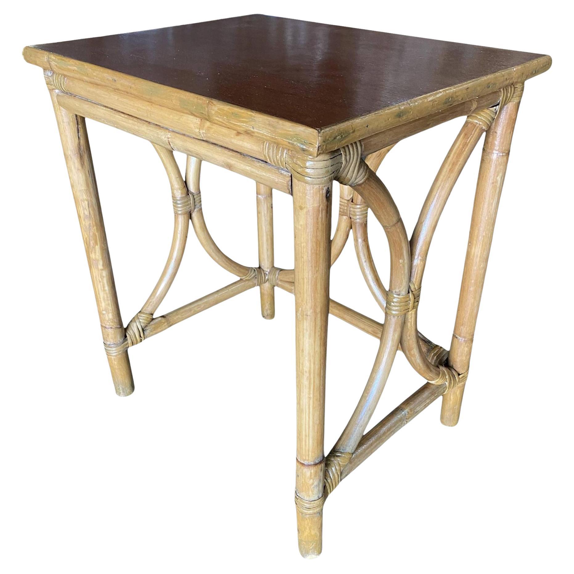 Restored 1950s "Hour Glass" Rattan Side Table with Acacia Koa Wood Top For Sale