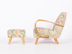 Restored 1950s Jindrich Halabala Armchair with stool in Handwoven Thai Silk