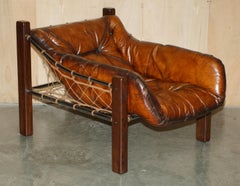 RESTORED 1960 JEAN GILLON BROWN LEATHER BRAZILIAN HARDWOOD ARMCHAiR & OTTOMAN