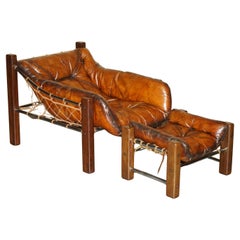 RESTORED 1960 JEAN GILLON BROWN LEATHER BRAZILIAN HARDWOOD ARMCHAiR & OTTOMAN