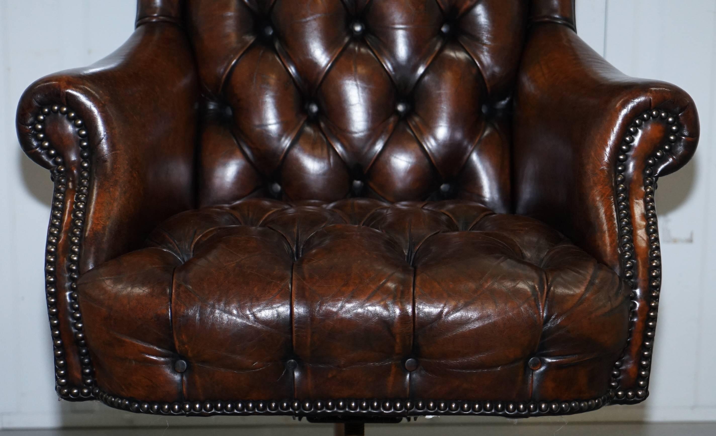 Restored 1960s Chesterfield Cigar Brown Leather Directors Captains Office Chair 3
