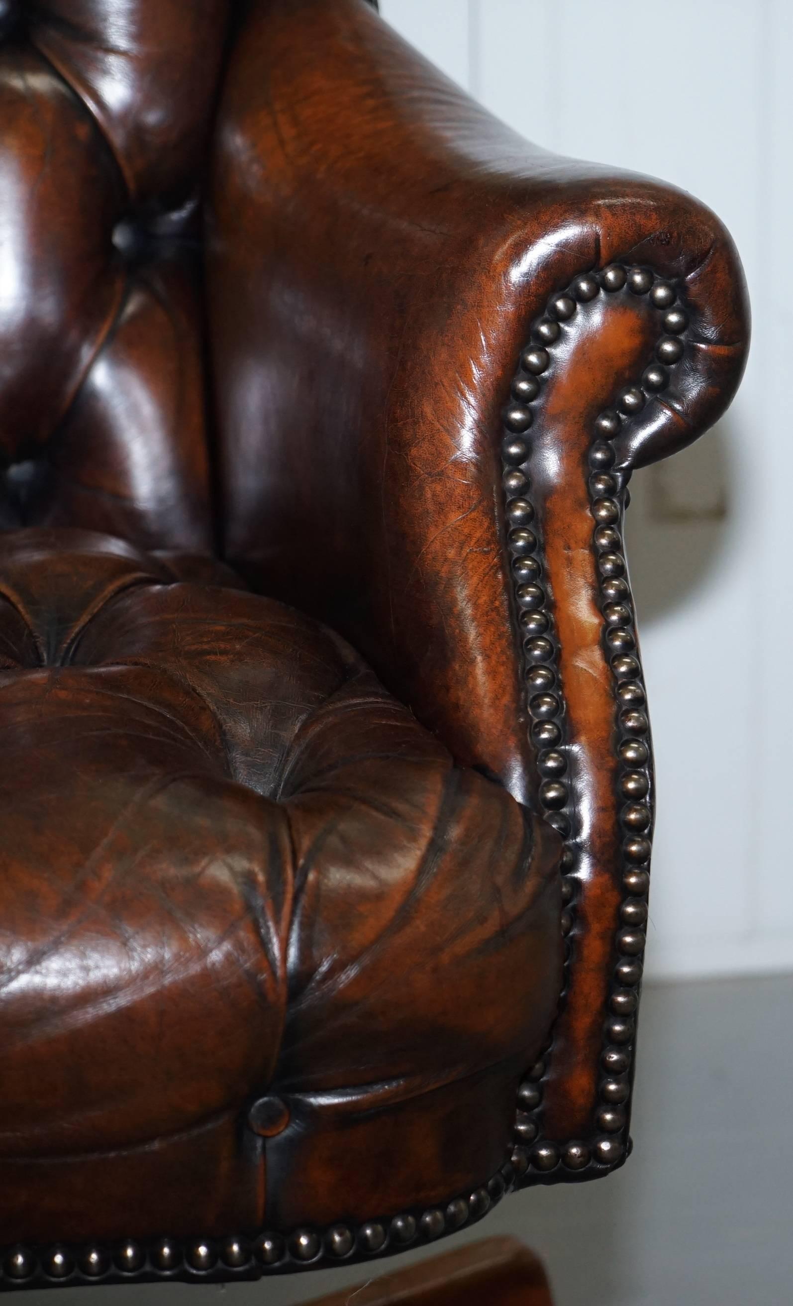 Restored 1960s Chesterfield Cigar Brown Leather Directors Captains Office Chair 4