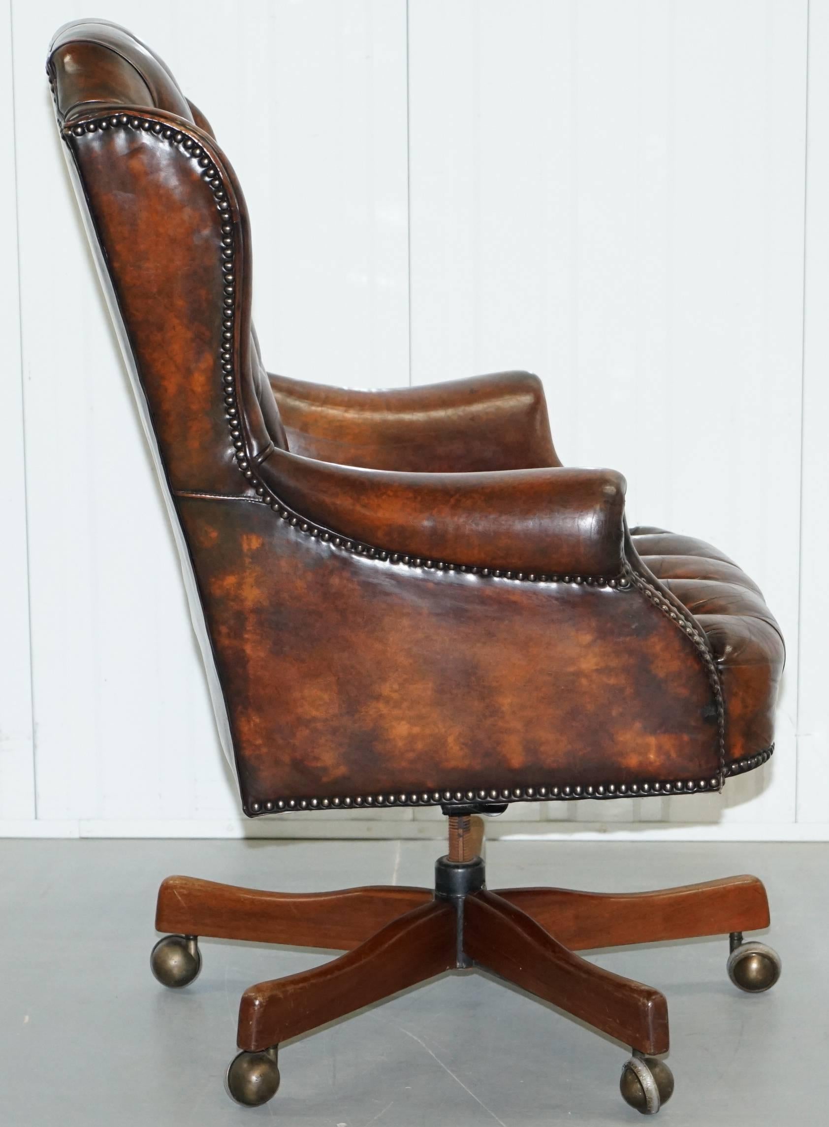 Restored 1960s Chesterfield Cigar Brown Leather Directors Captains Office Chair 8
