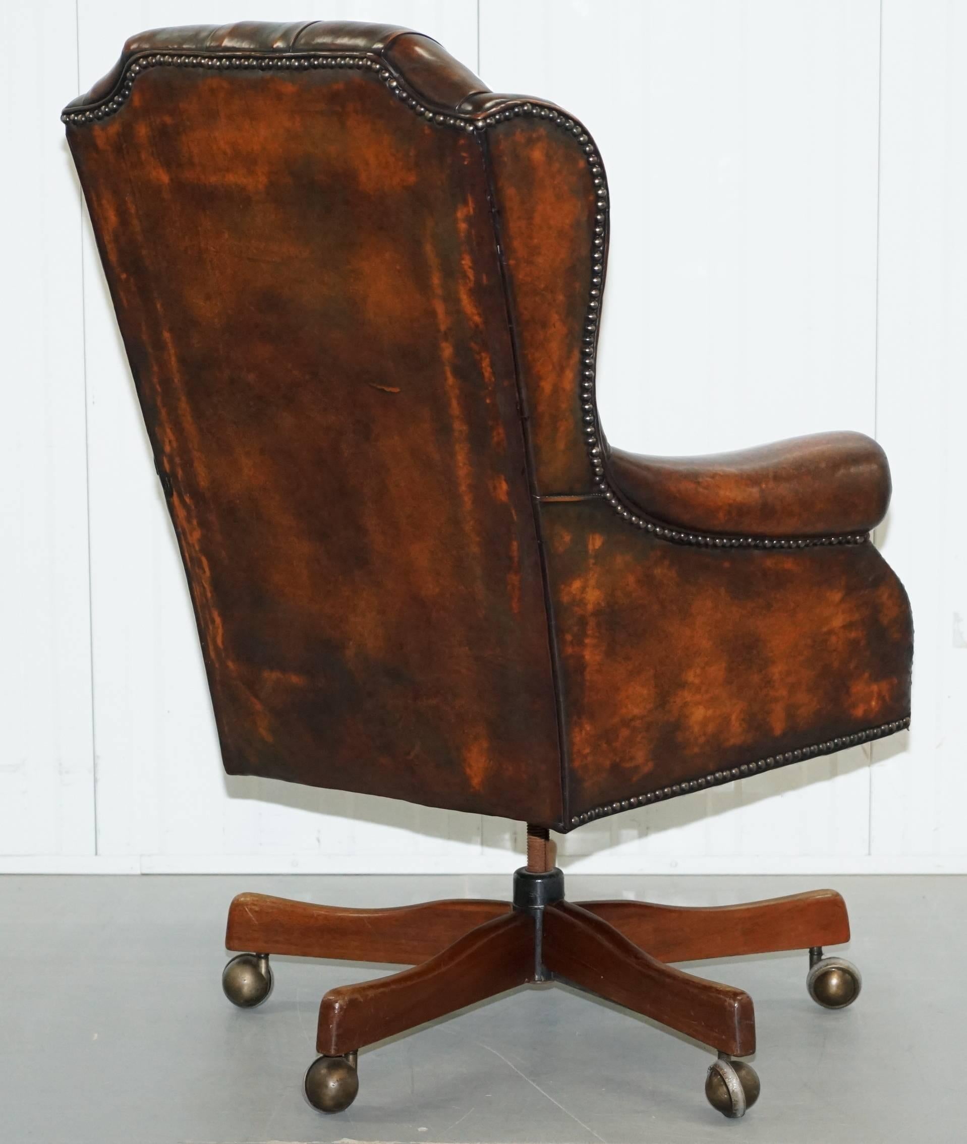 Restored 1960s Chesterfield Cigar Brown Leather Directors Captains Office Chair 9