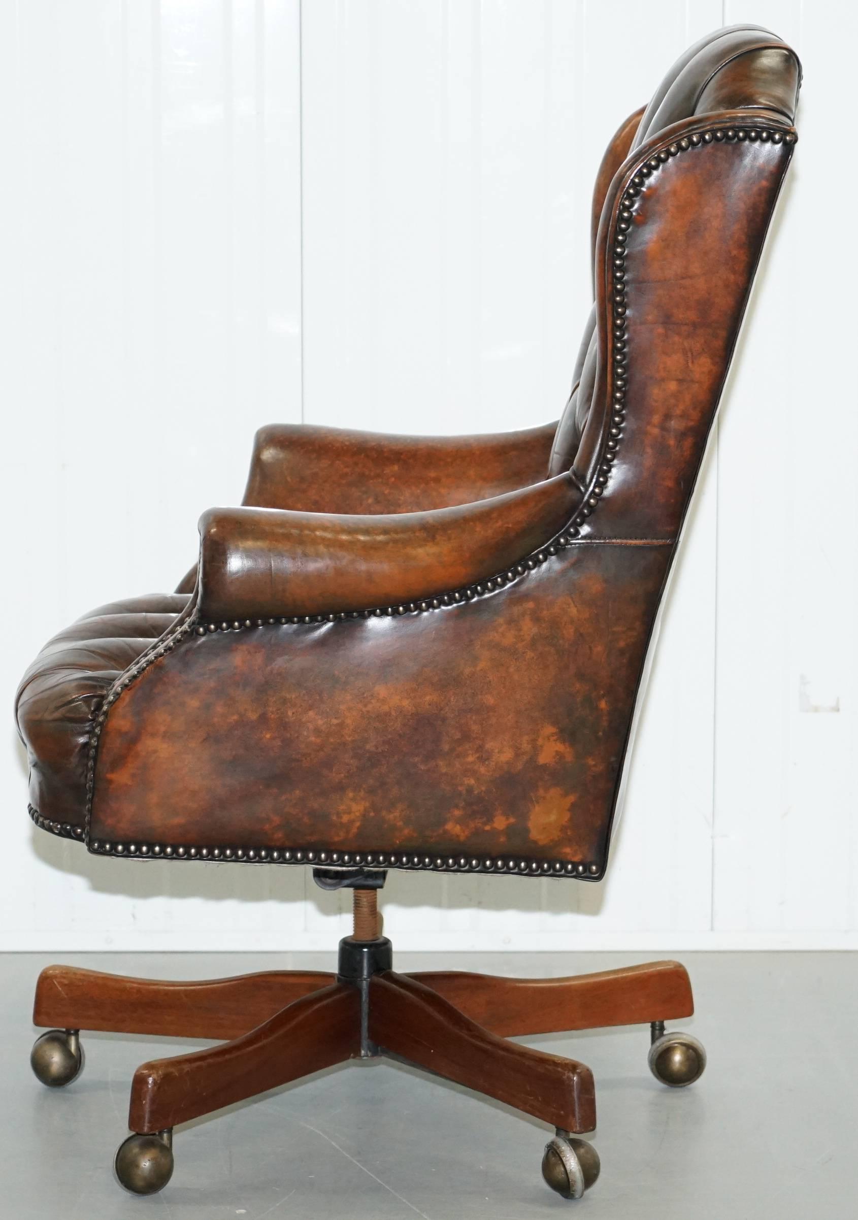 Restored 1960s Chesterfield Cigar Brown Leather Directors Captains Office Chair 10