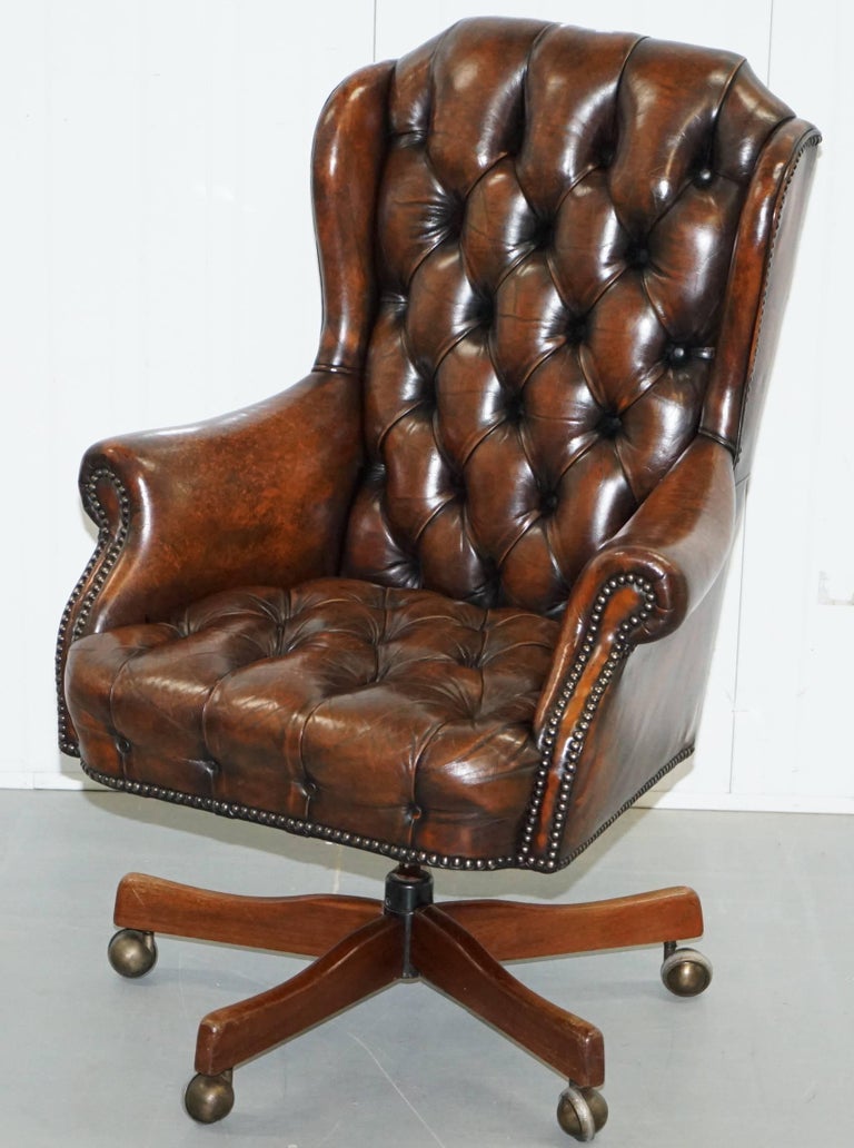 Restored 1960s Chesterfield Cigar Brown Leather Directors Captains Office Chair at 1stDibs