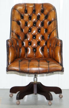 Restored 1960s Chesterfield High Back Brown Leather Directors Captains Chair A1