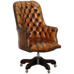 Restored 1960s Chesterfield High Back Brown Leather Directors Captains Chair A1