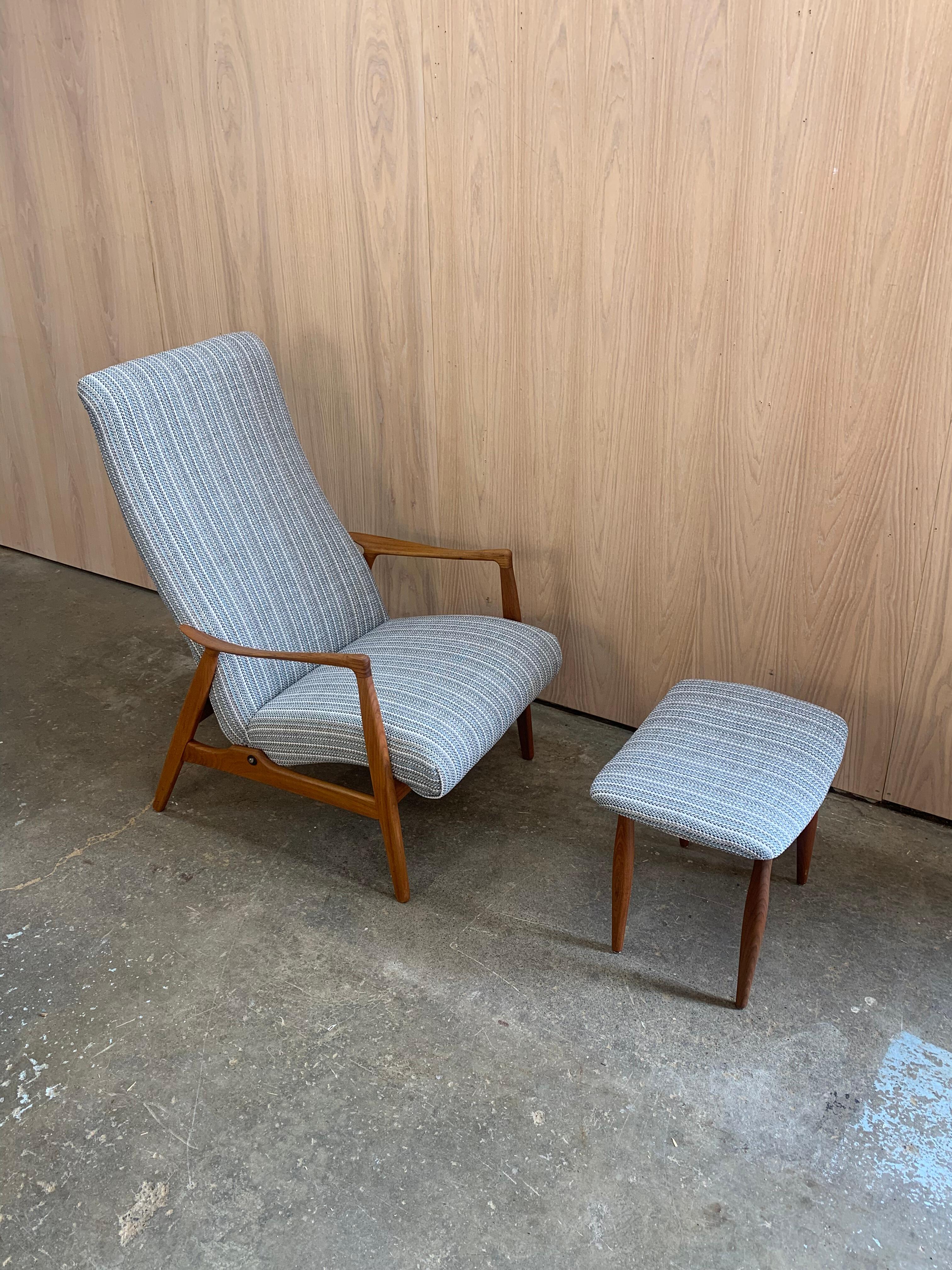 Timeless comfort meets sculptural elegance in this fully restored high-back Danish teak lounge chair and ottoman. Designed for both form and function, this piece features finely sculpted armrests, a gracefully contoured backrest, and a smooth