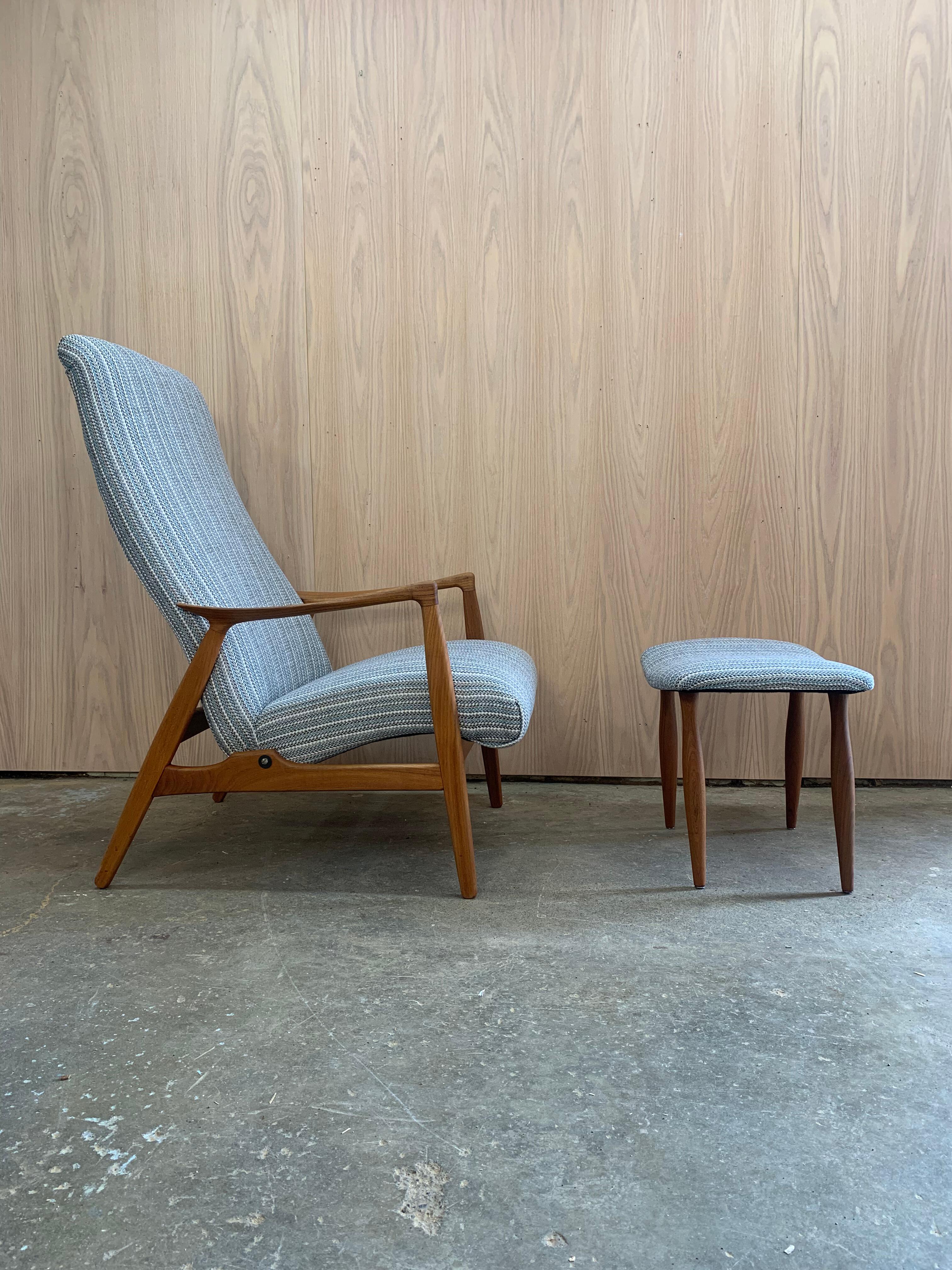 Mid-20th Century Restored 1960s Danish Teak Reclining Lounge Chair & Ottoman