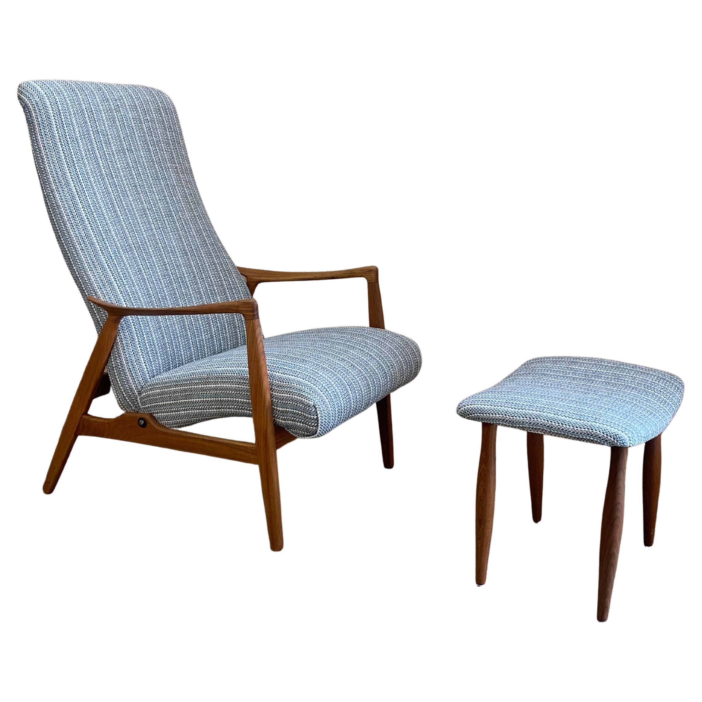 Restored 1960s Danish Teak Reclining Lounge Chair & Ottoman