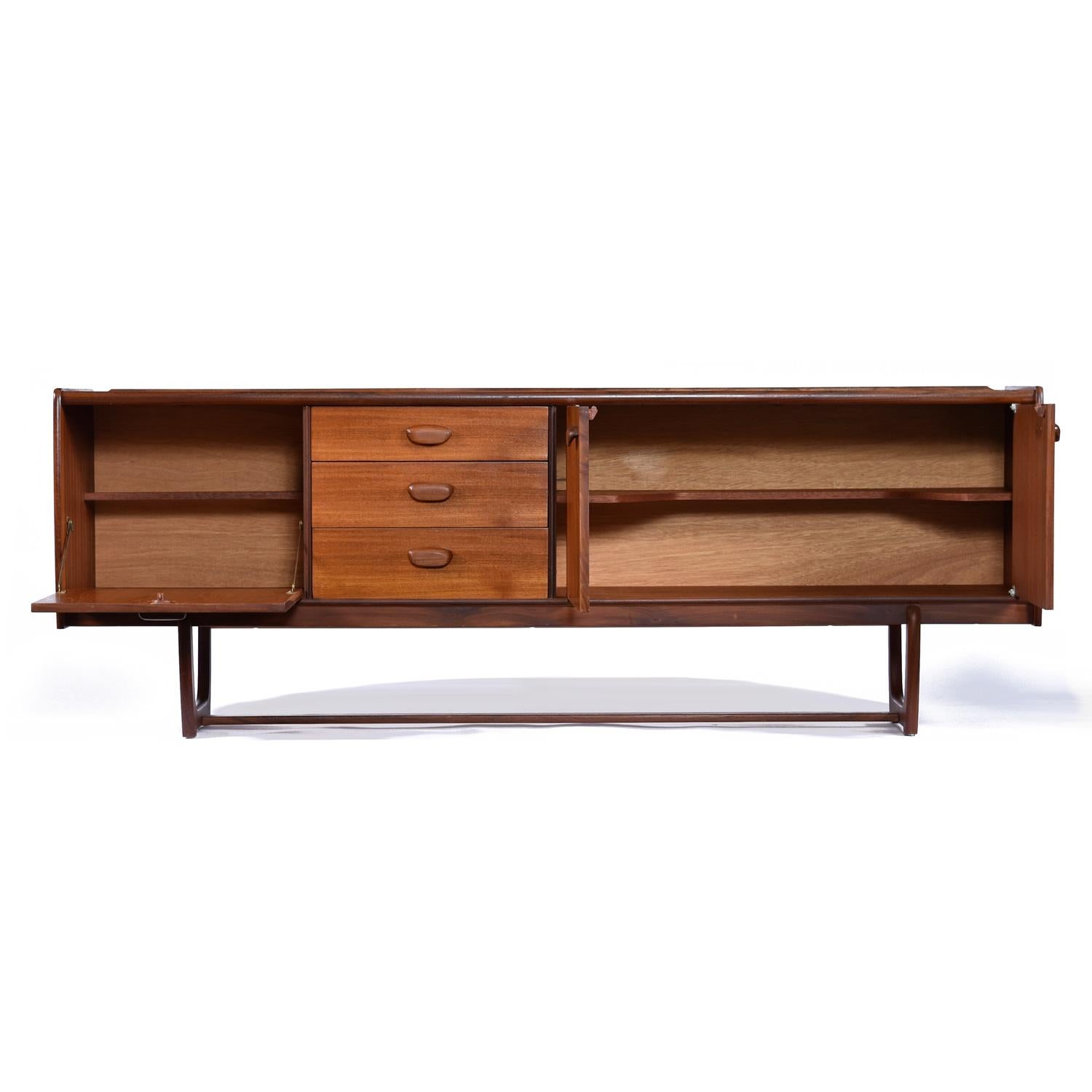 Danish Restored 1960s European Modern Teak And Rosewood Trestle Base Credenza Sideboard
