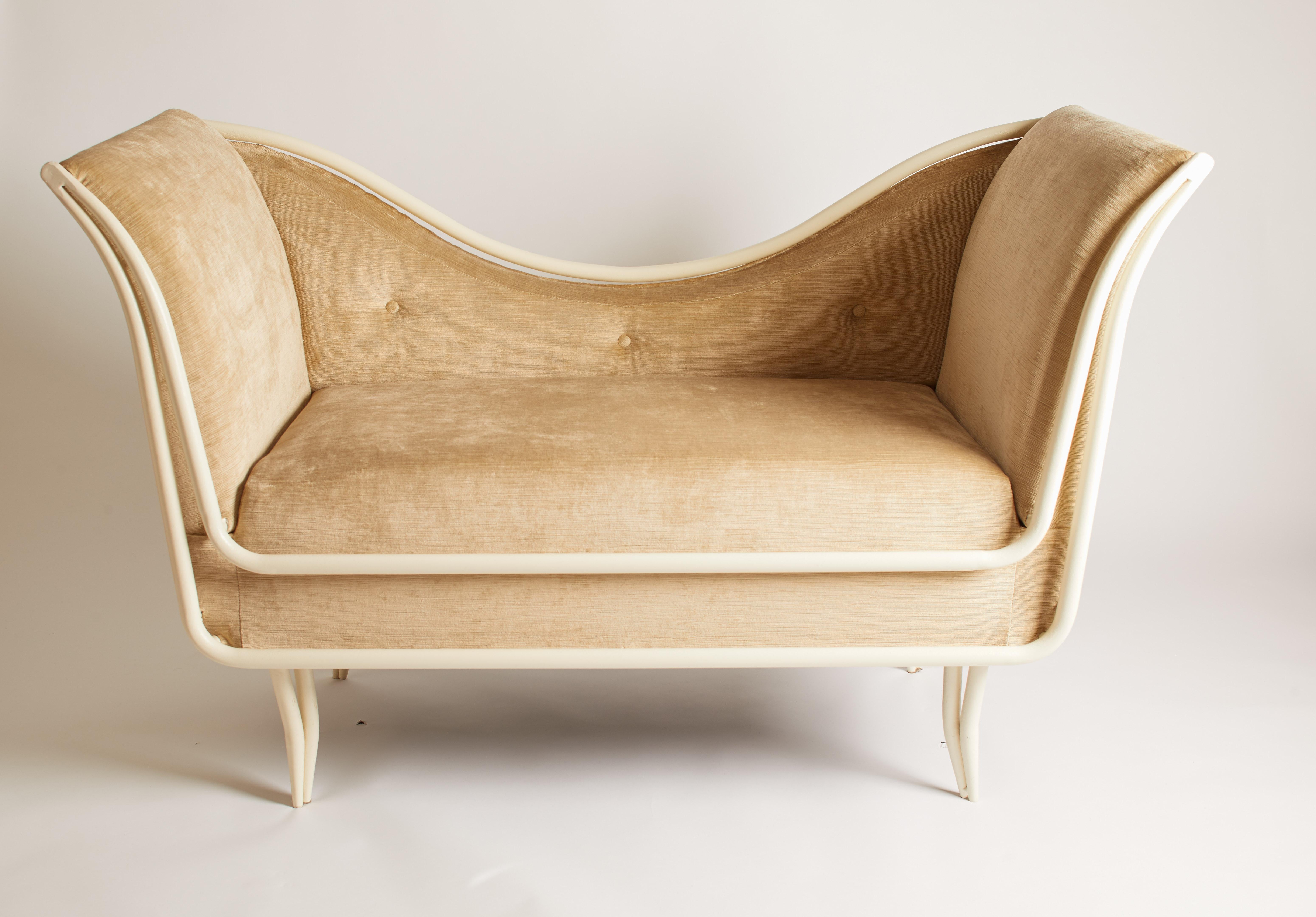 Restored 1960s Italian antique white and beige upholstered and painted metal settee.