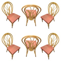 Restored 1960s Midcentury Bent "Palm" Rattan Dining Side Chair, Set of 6