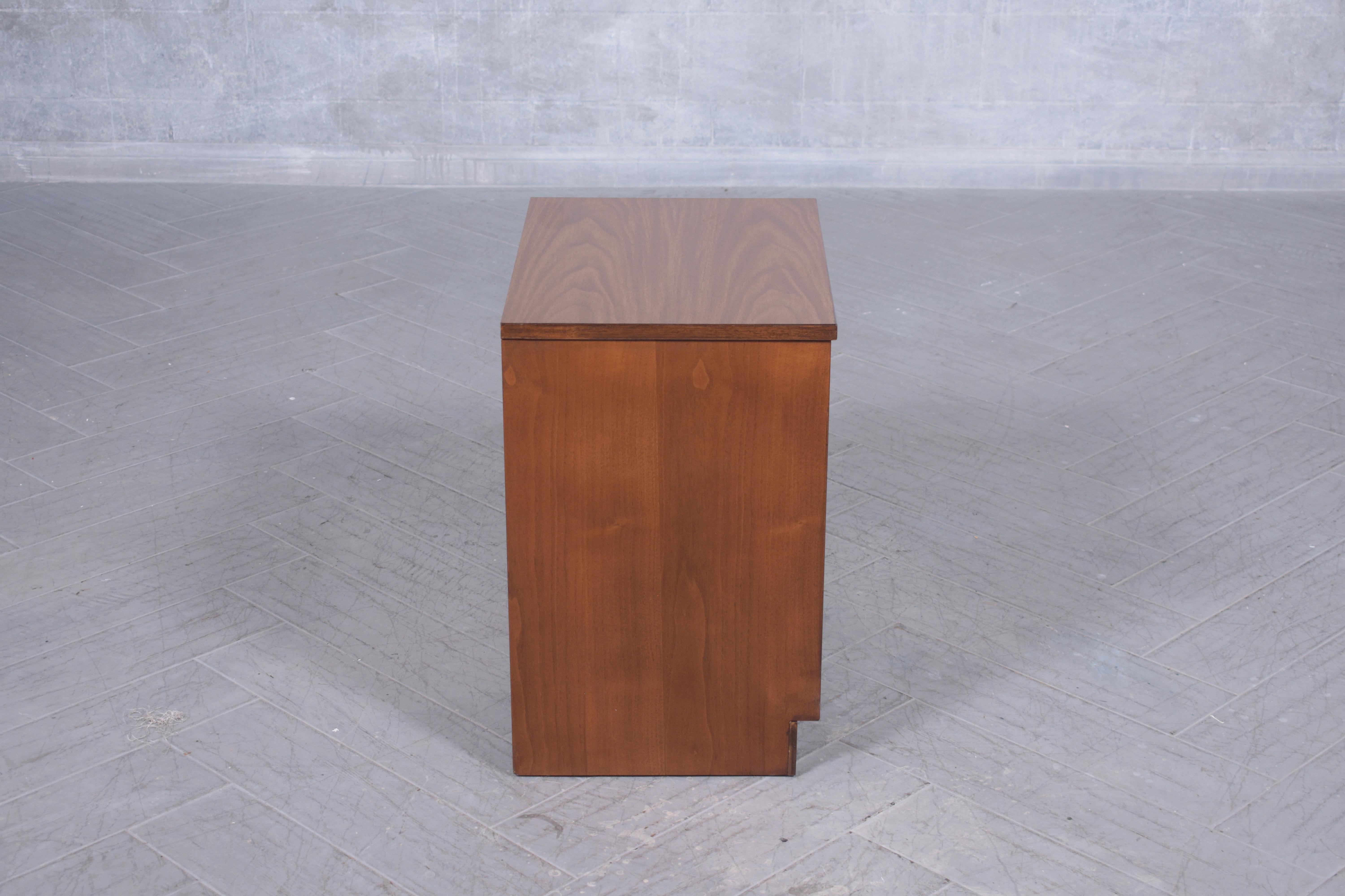 Restored 1960s Modern Walnut Nightstand: Dual-Tone with Unique Carved Handle For Sale 3