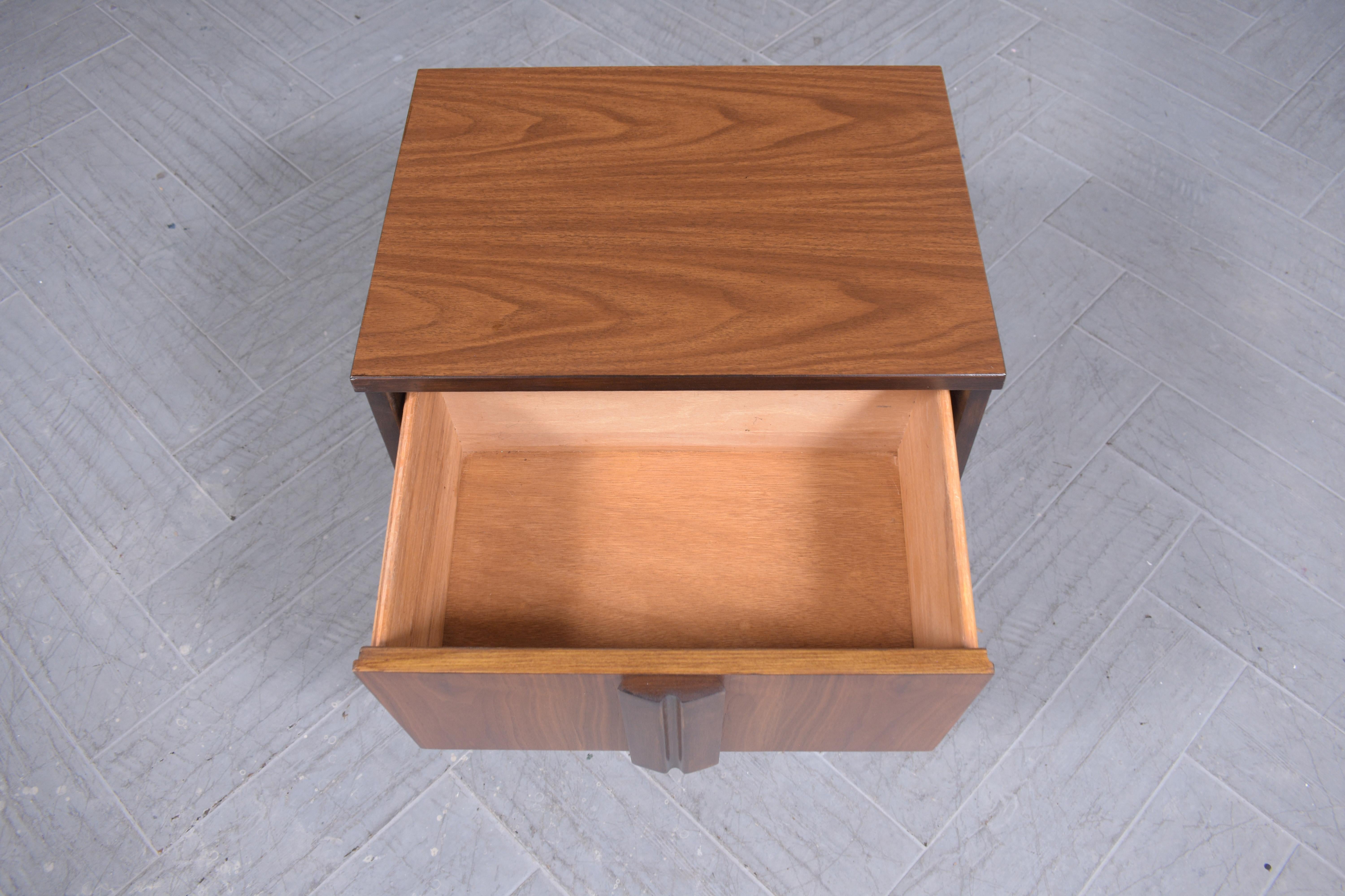 Restored 1960s Modern Walnut Nightstand: Dual-Tone with Unique Carved Handle For Sale 4