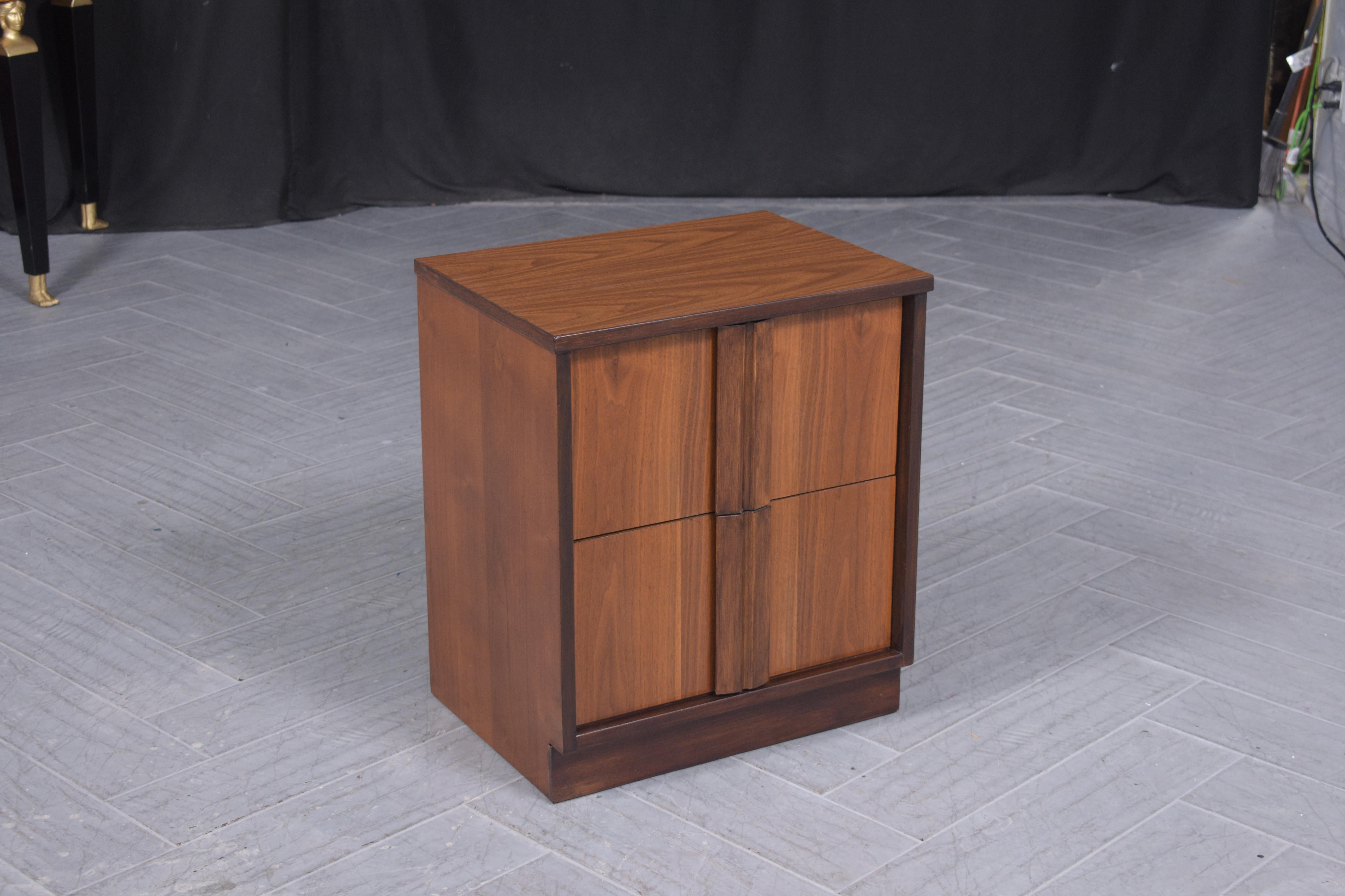 American Restored 1960s Modern Walnut Nightstand: Dual-Tone with Unique Carved Handle For Sale