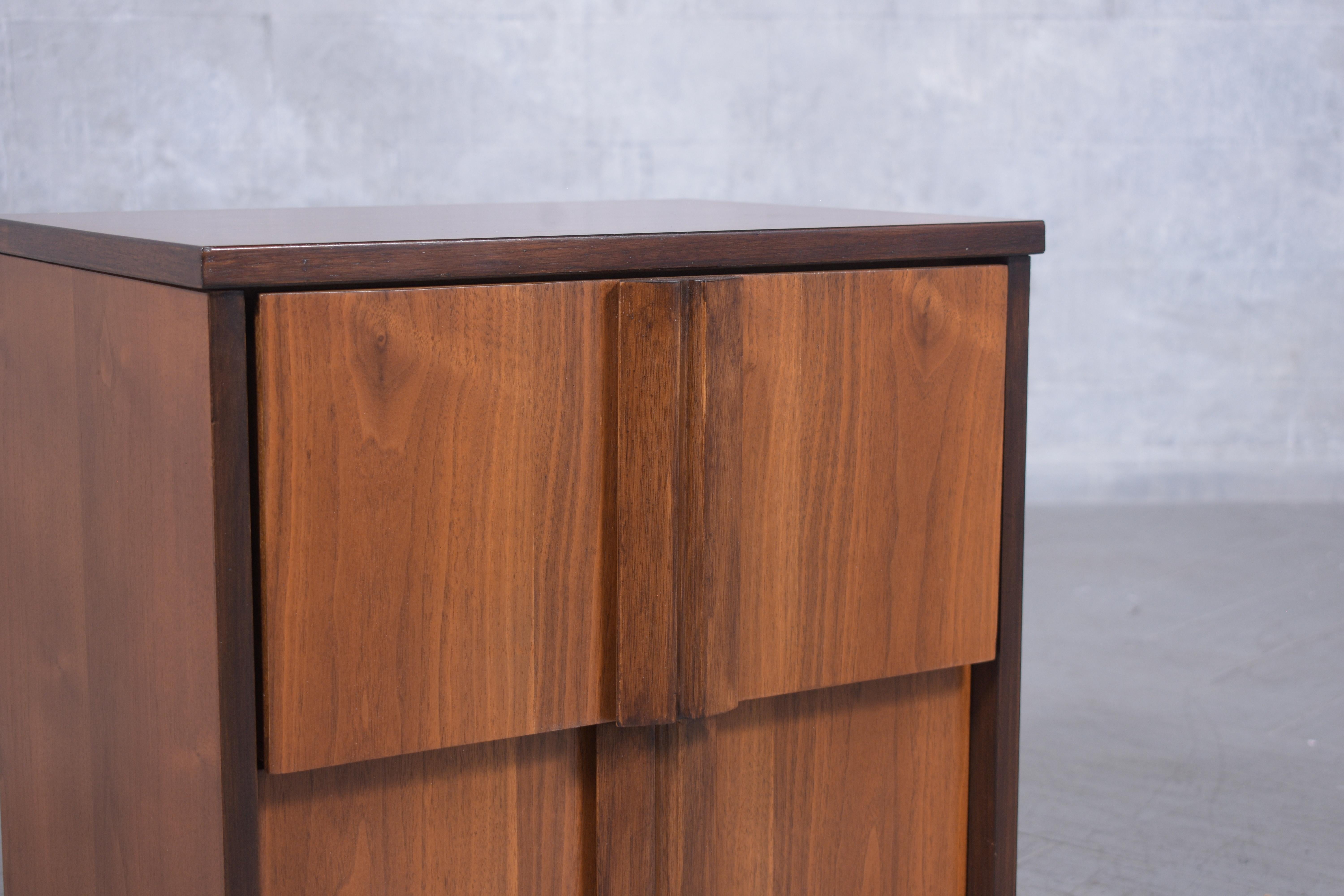 Restored 1960s Modern Walnut Nightstand: Dual-Tone with Unique Carved Handle For Sale 1