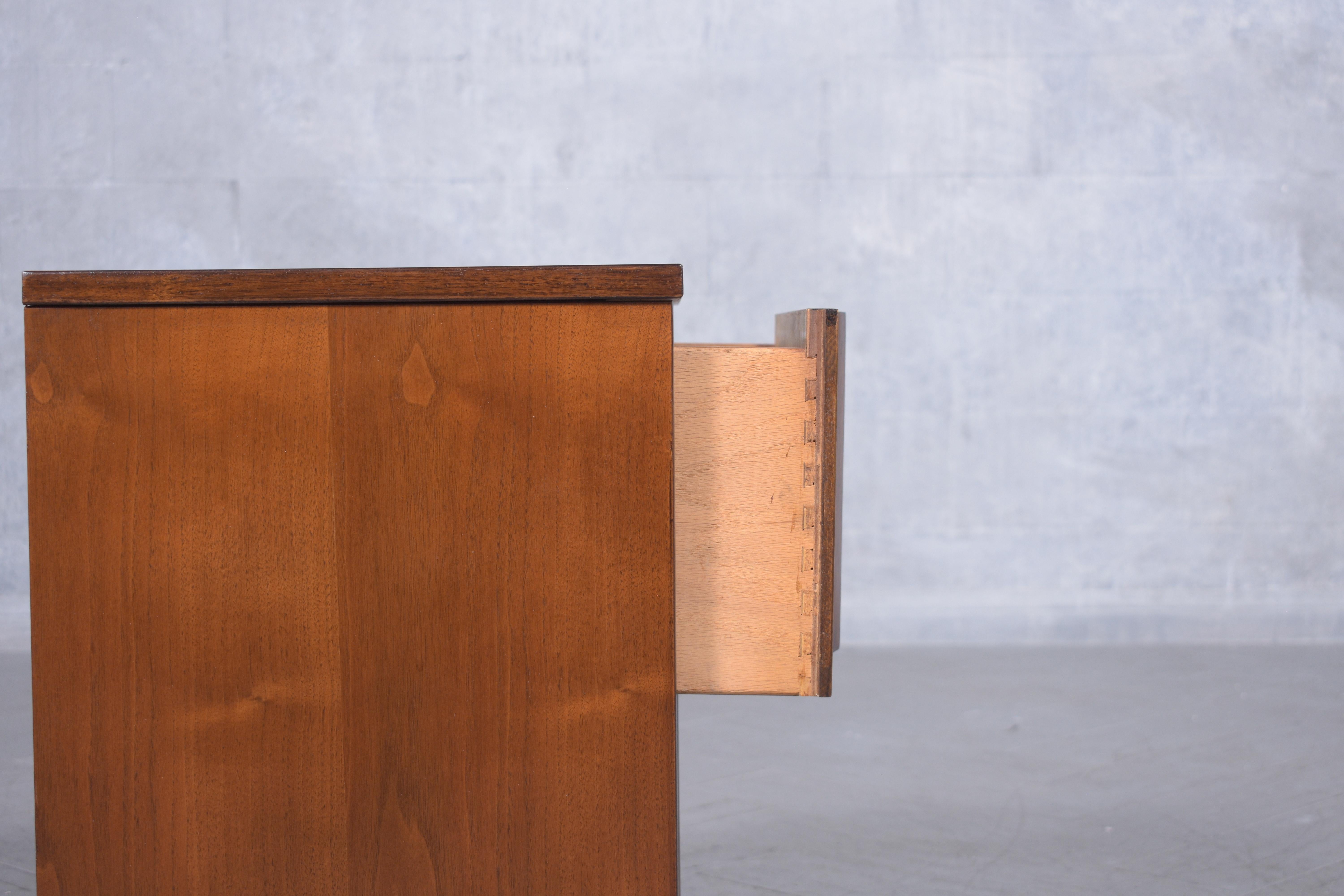 Restored 1960s Modern Walnut Nightstand: Dual-Tone with Unique Carved Handle For Sale 2
