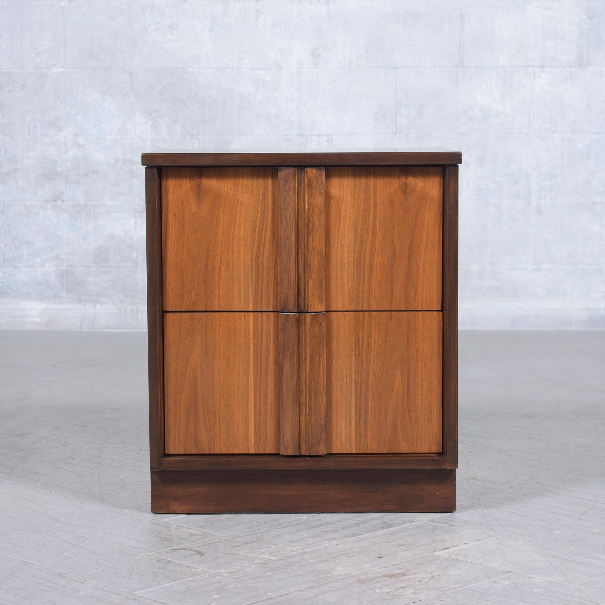 Restored 1960s Modern Walnut Nightstand: Dual-Tone with Unique Carved Handle For Sale