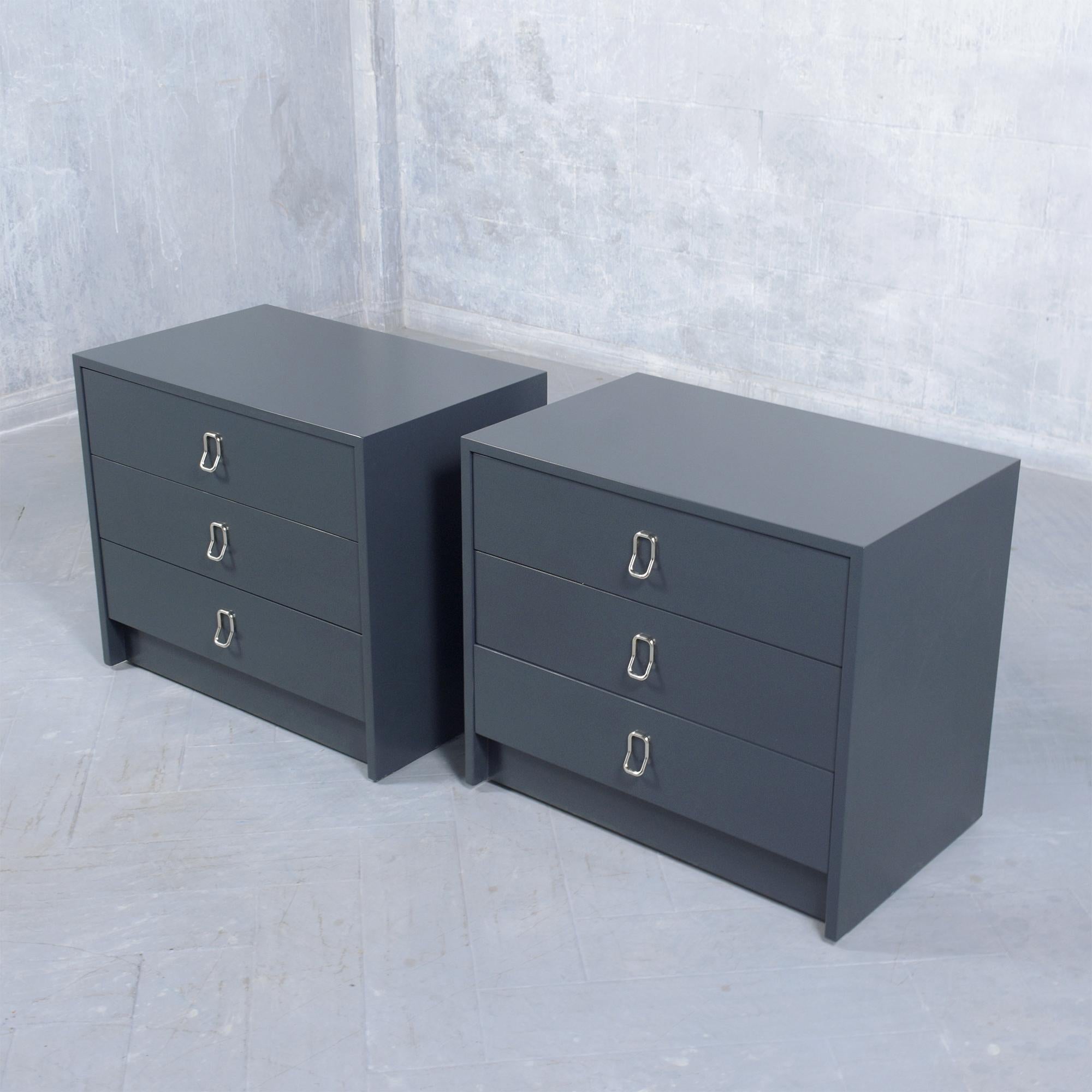 Step into the stylish world of the 1960s with this extraordinary pair of mid-century nightstands designed by the iconic Milo Baughman for Thayer Coggin. Beautifully handcrafted and in exceptional condition, these nightstands have undergone