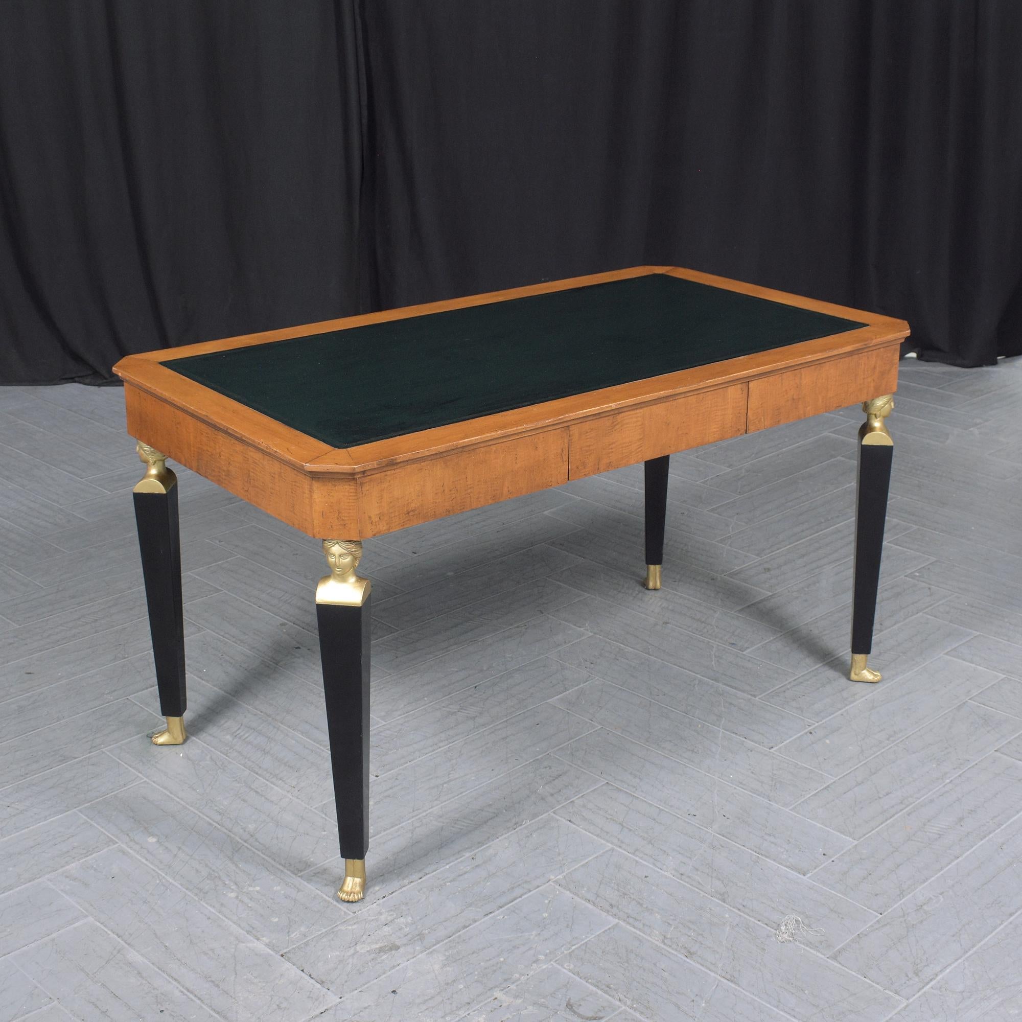 Restored 1970 Empire Desk: Light Walnut & Ebonized Finish with Green Leather Top For Sale 4