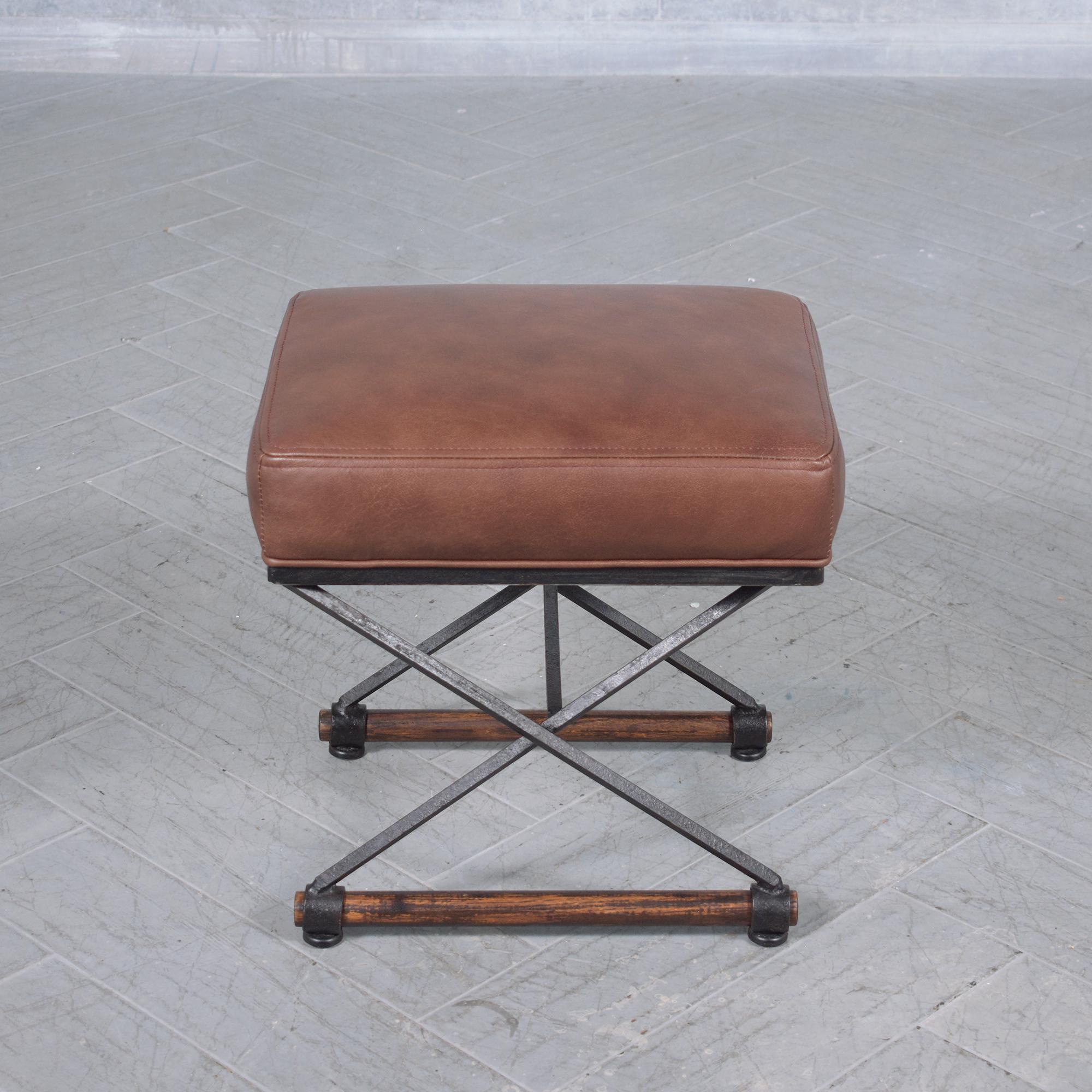 Restored 1970s Campaign Benches: Iron & Oak with Dark Brown Leather Upholstery 2