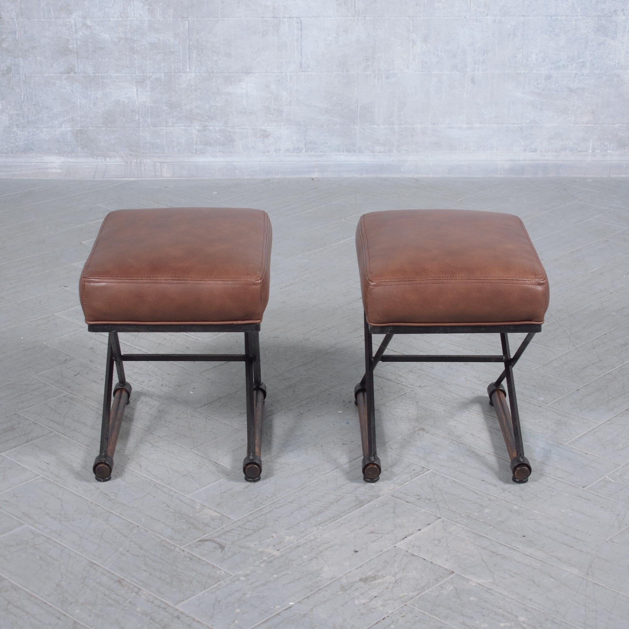 Restored 1970s Campaign Benches: Iron & Oak with Dark Brown Leather Upholstery 4