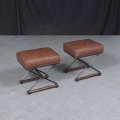 Restored 1970s Campaign Benches: Iron & Oak with Dark Brown Leather Upholstery