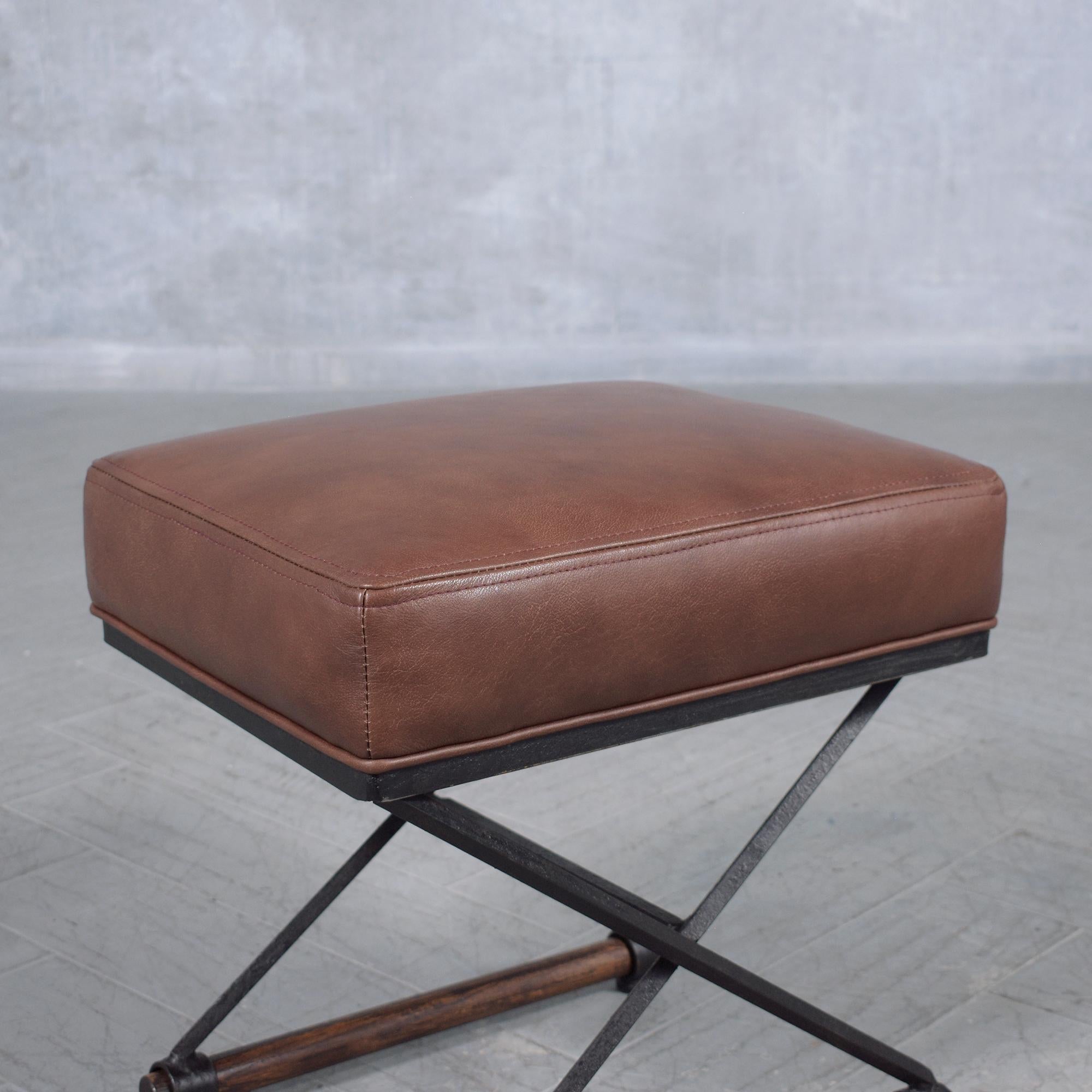 American Restored 1970s Campaign Benches: Iron & Oak with Dark Brown Leather Upholstery