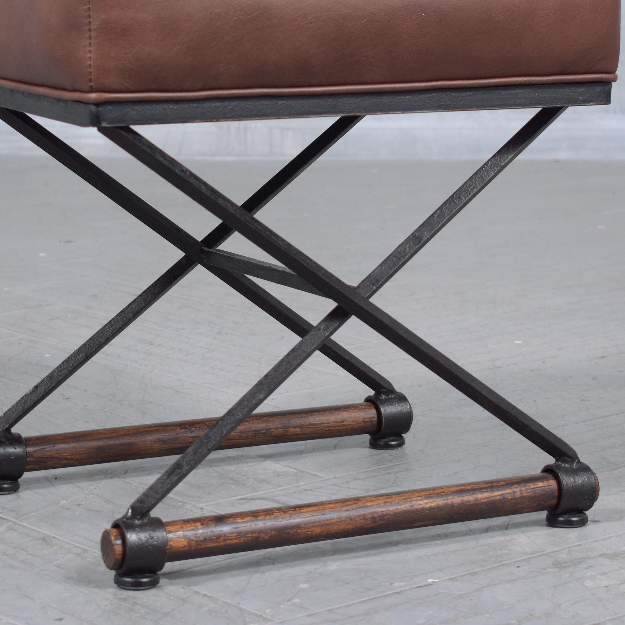 Restored 1970s Campaign Benches: Iron & Oak with Dark Brown Leather Upholstery In Good Condition In Los Angeles, CA