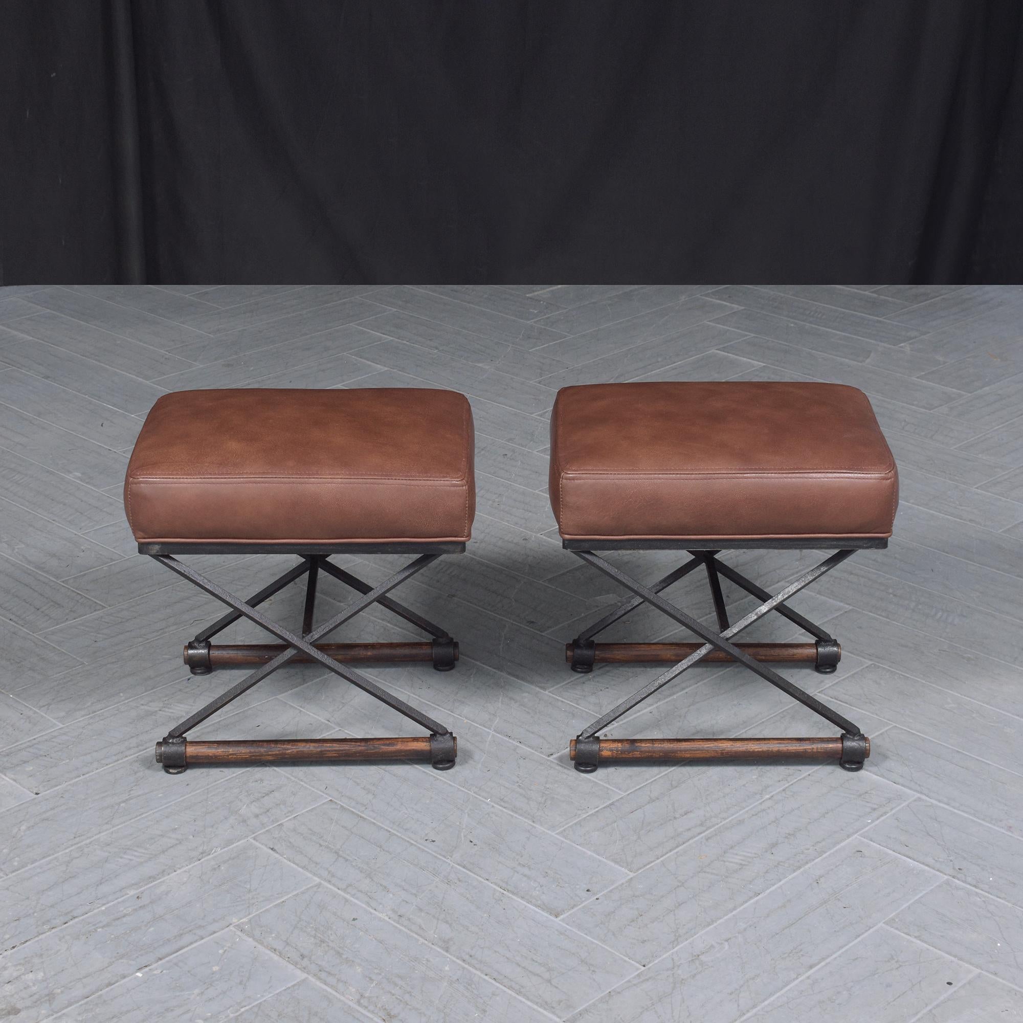 Restored 1970s Campaign Benches: Iron & Oak with Dark Brown Leather Upholstery 1