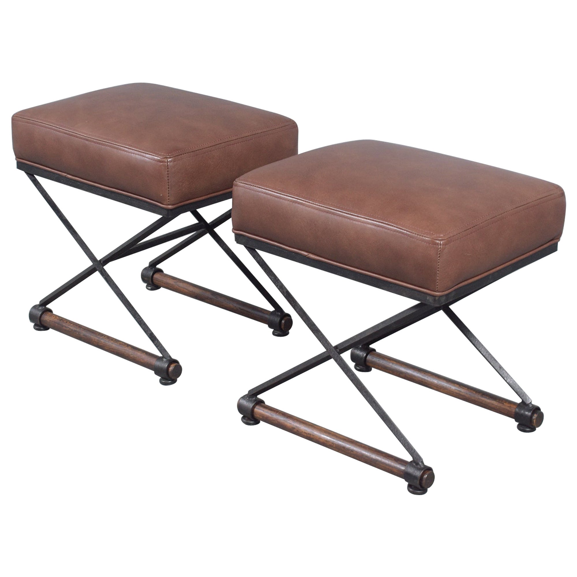 Restored 1970s Campaign Benches: Iron 
Oak with Dark Brown Leather Upholstery