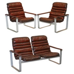 Vintage 1960s Aarnio Pulkka Ilmari Lappalainen Brown Leather Chrome Armchair Sofa Suite