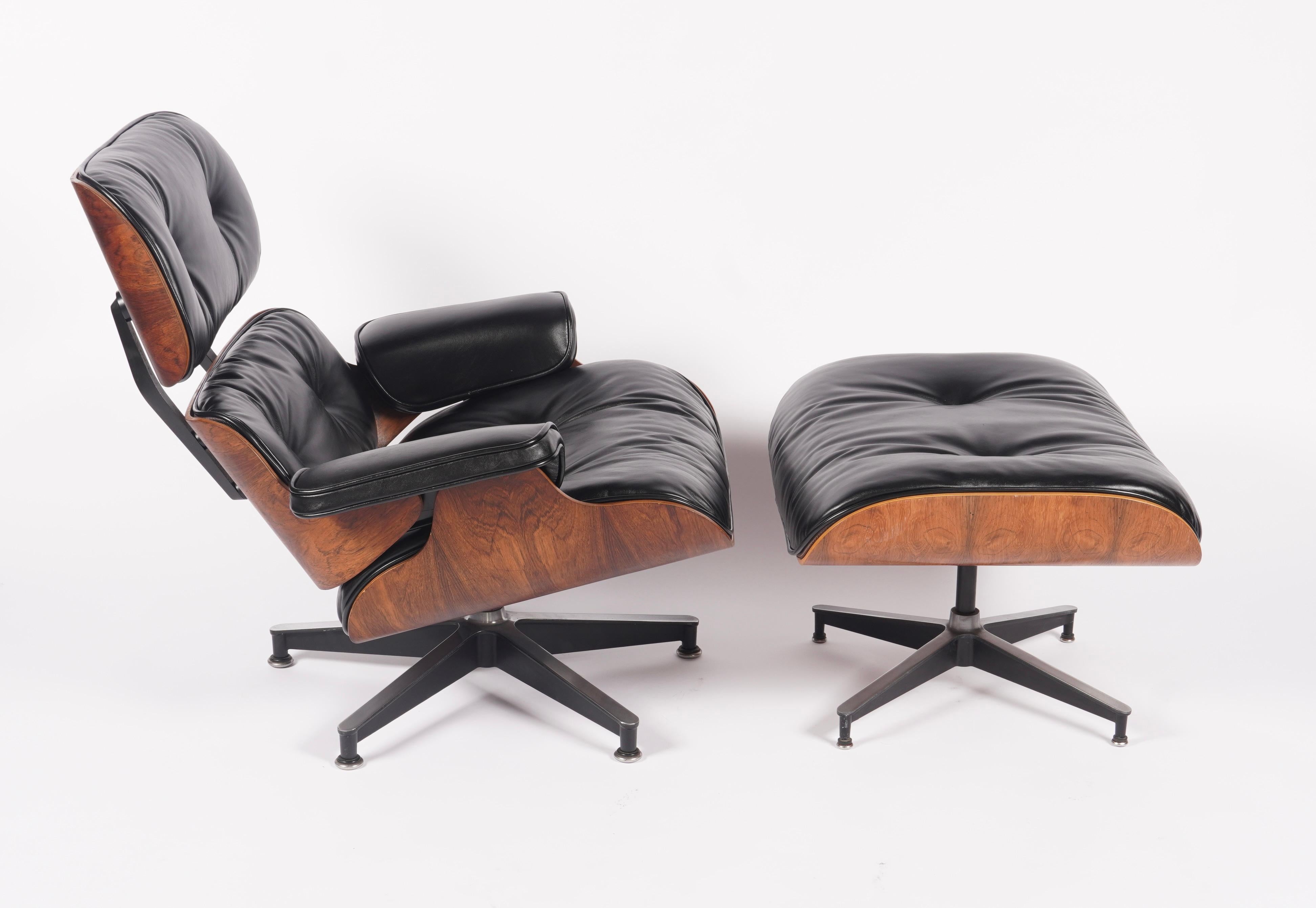 Hand-Crafted Restored 1970s Production Eames Lounge & Ottoman in Rosewood & Black Leather