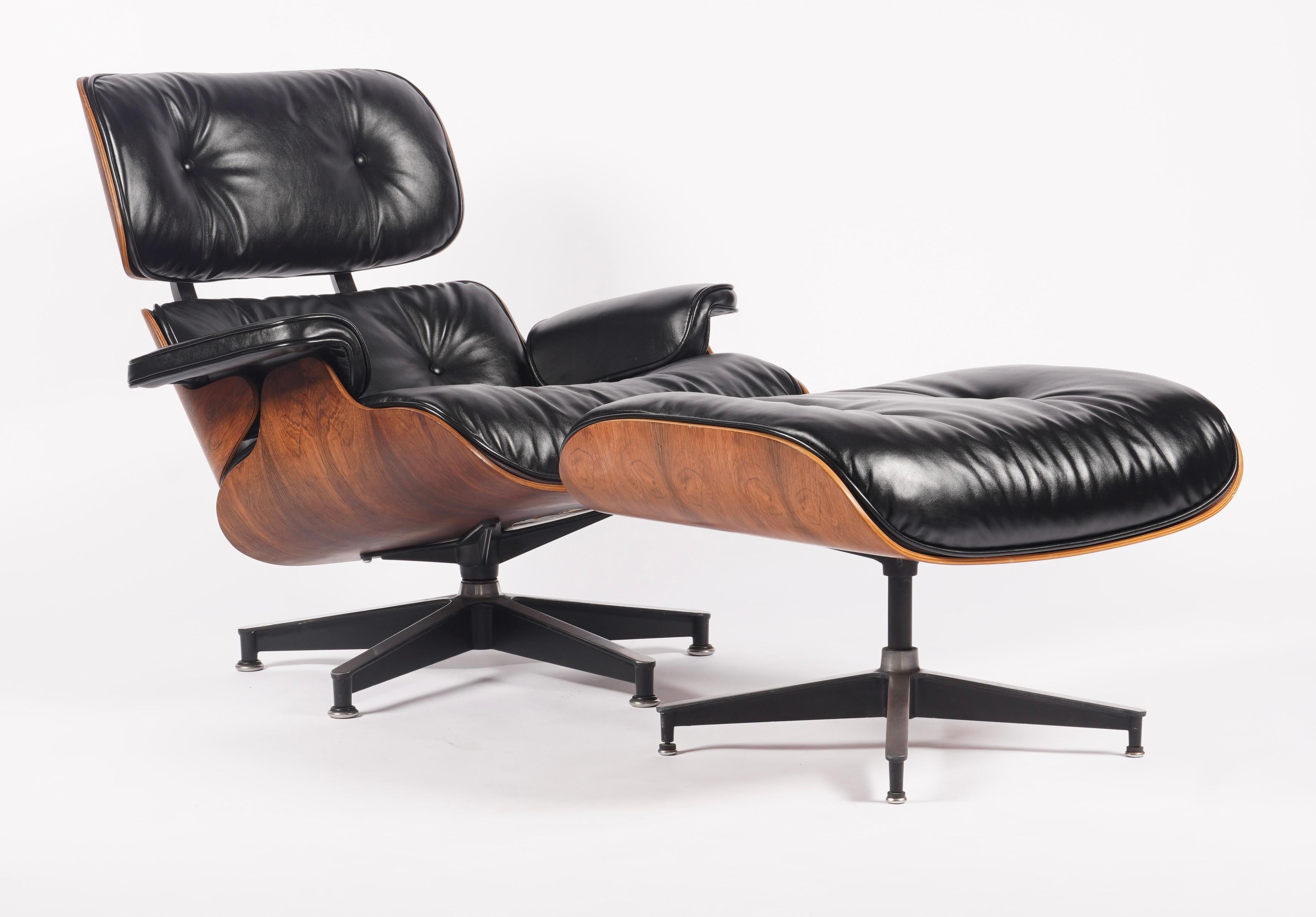 Aluminum Restored 1970s Production Eames Lounge & Ottoman in Rosewood & Black Leather