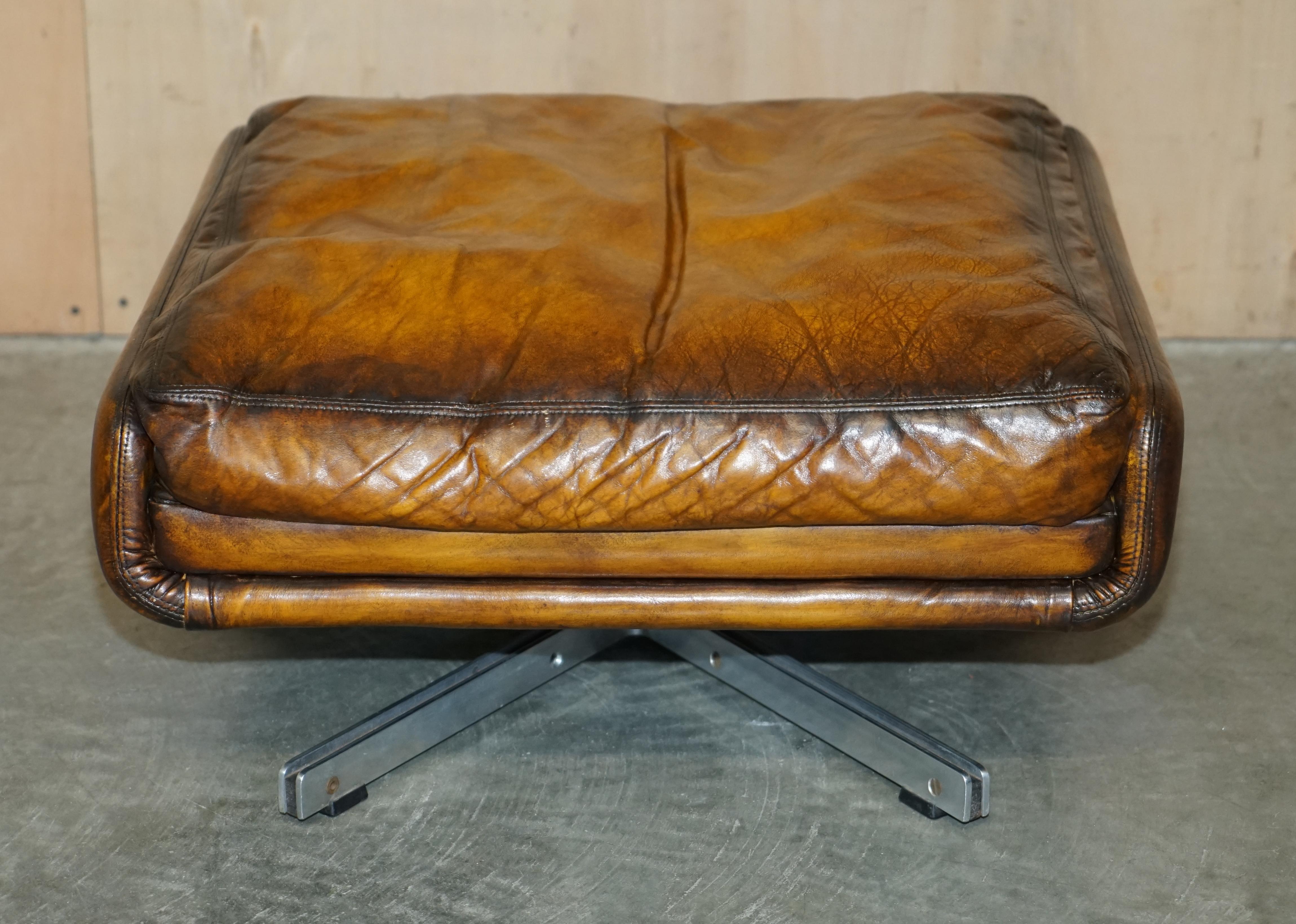 Restored 1970s Whisky Brown Leather Swivel Lounge Armchair & Ottoman Part Set For Sale 4