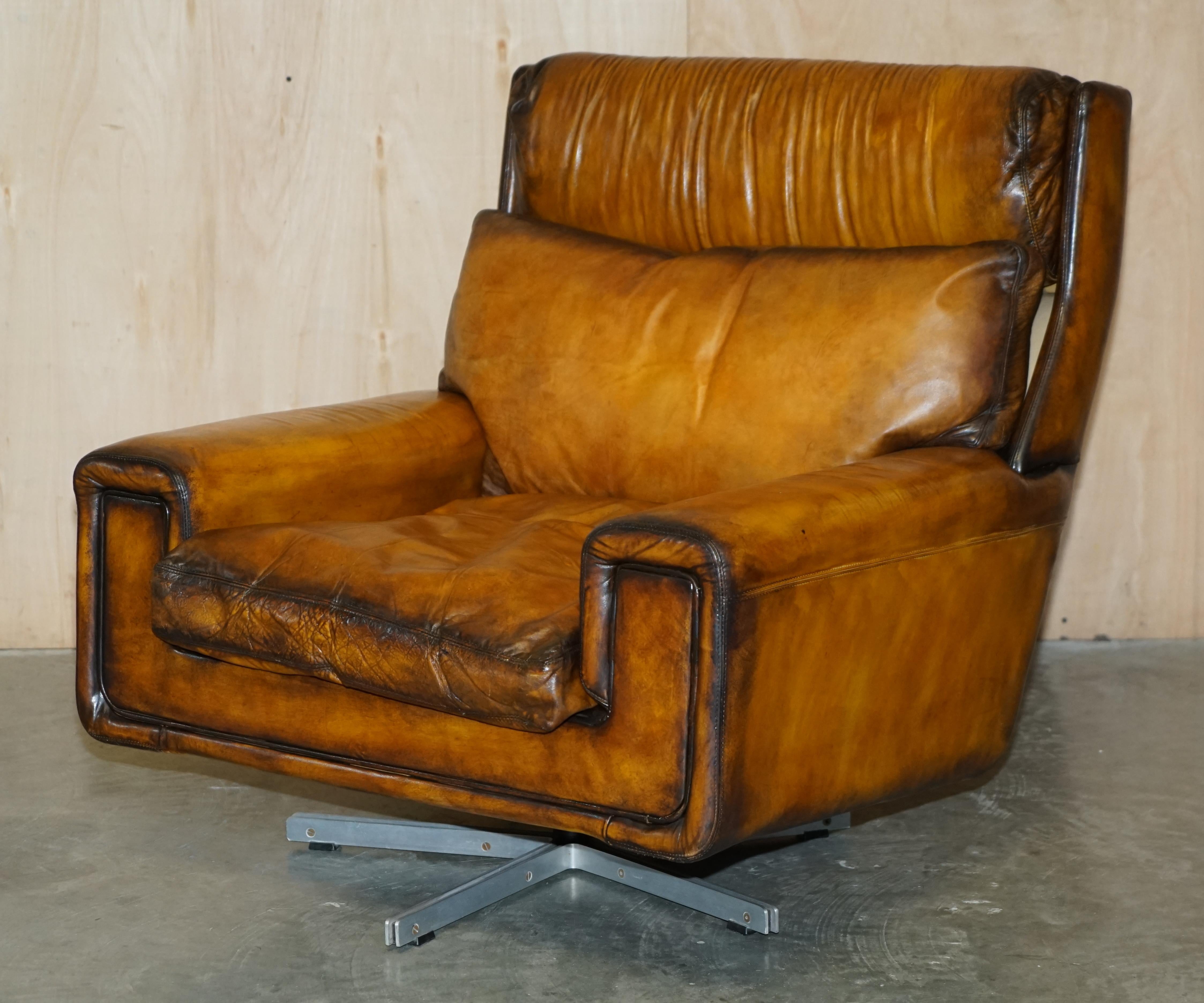 Mid-Century Modern Restored 1970s Whisky Brown Leather Swivel Lounge Armchair & Ottoman Part Set For Sale