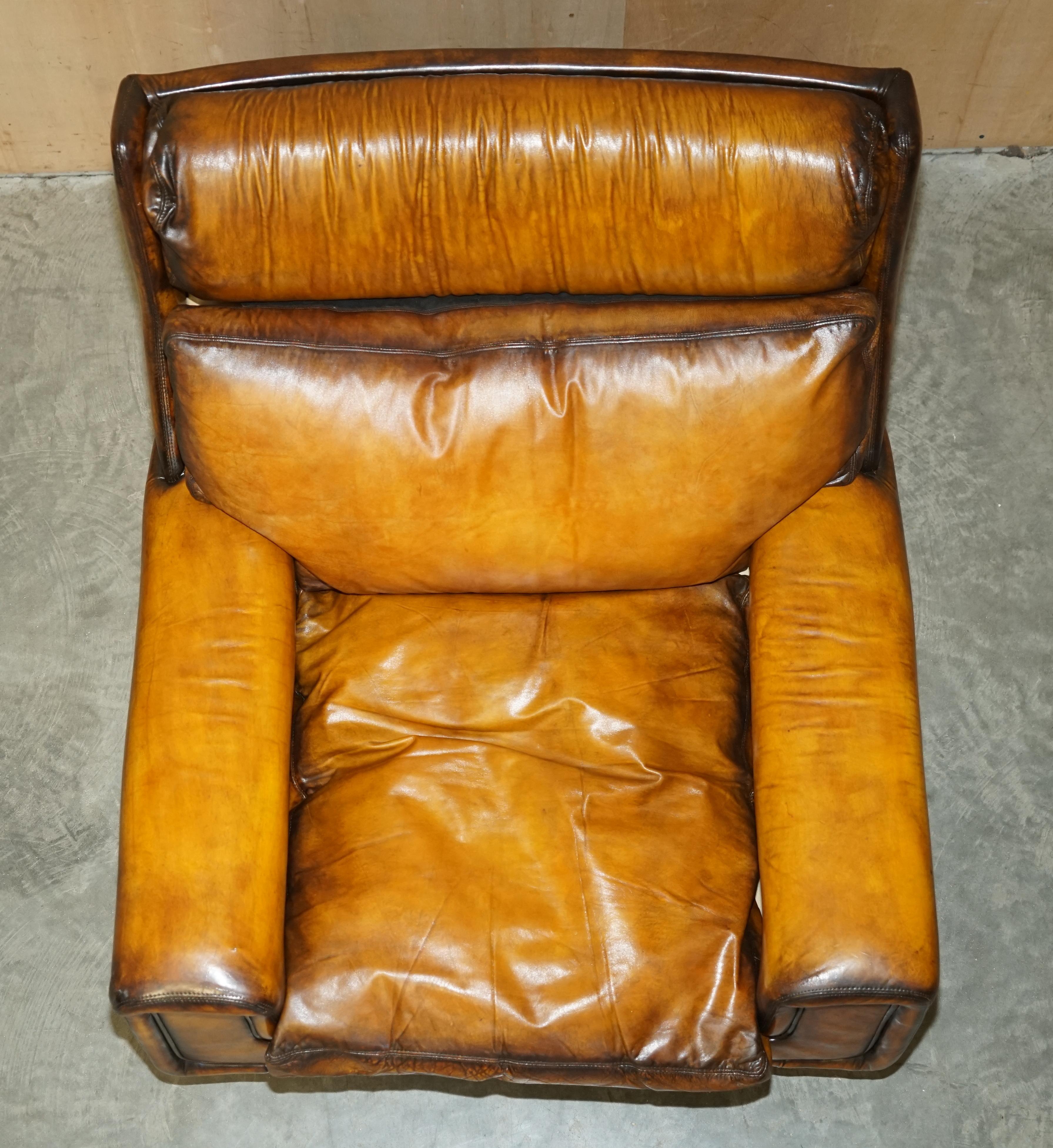 Late 20th Century Restored 1970s Whisky Brown Leather Swivel Lounge Armchair & Ottoman Part Set For Sale