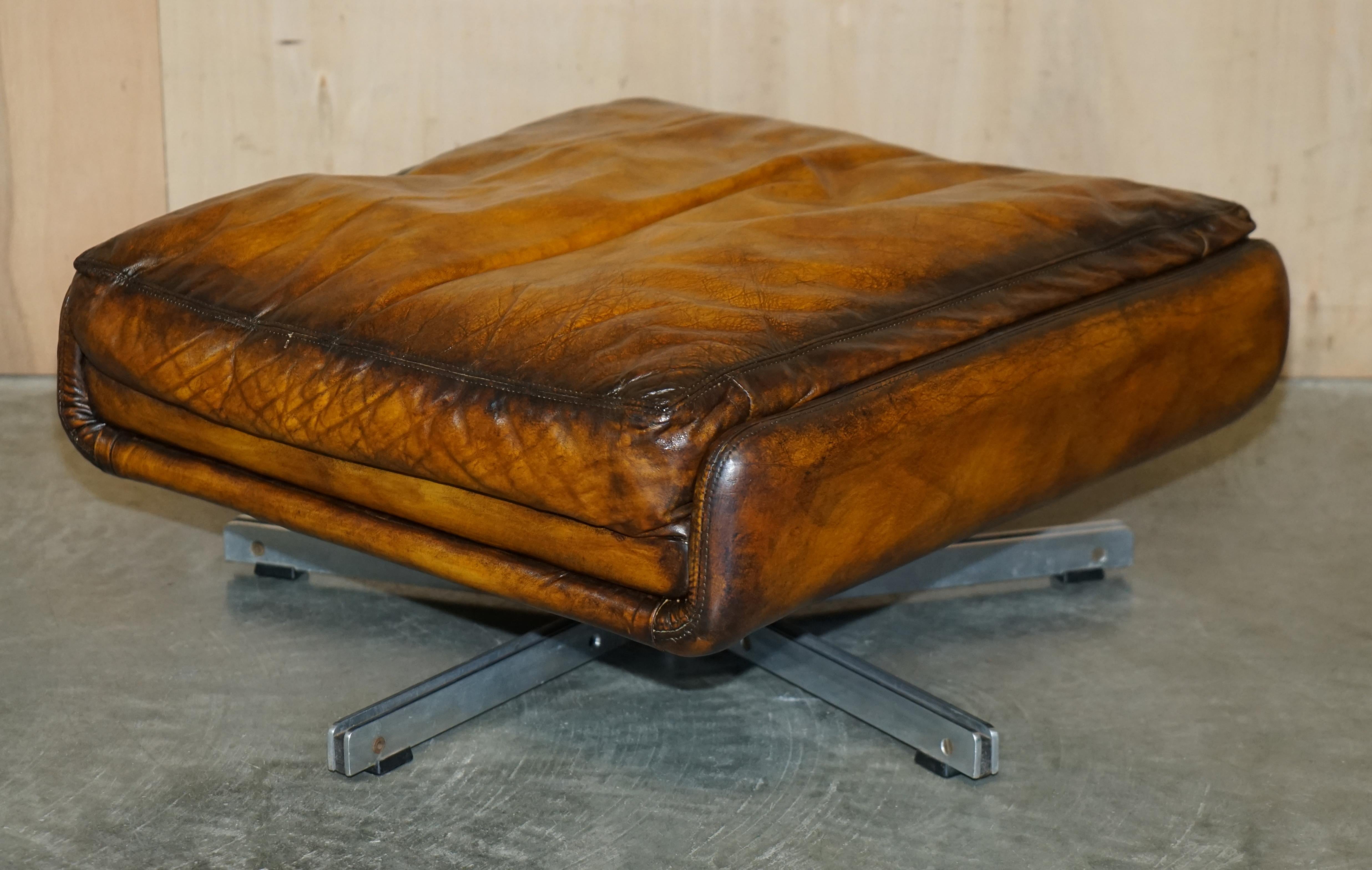 Restored 1970s Whisky Brown Leather Swivel Lounge Armchair & Ottoman Part Set For Sale 3