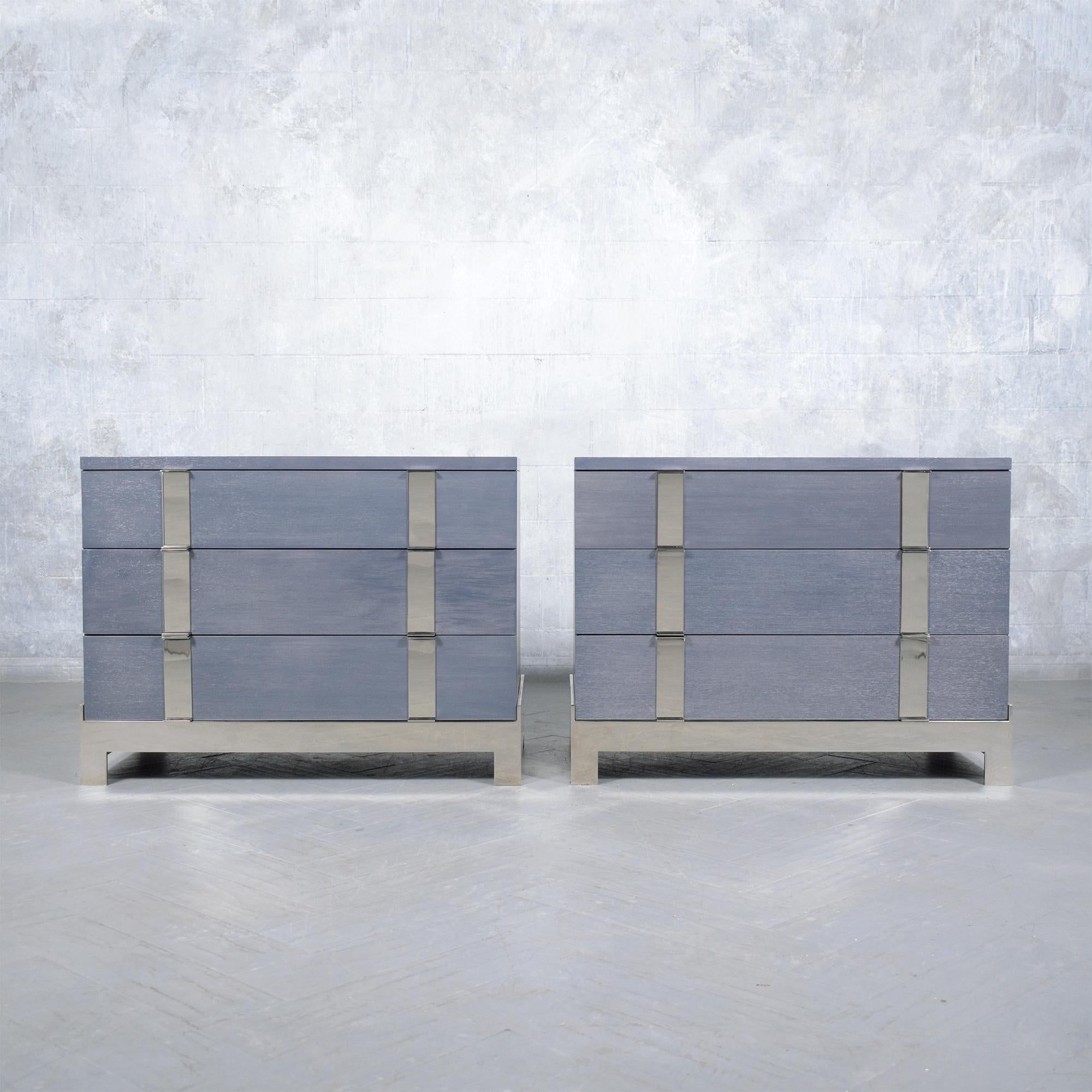 Experience the unique style of the 1980s with our extraordinary pair of modern Joseph Jeup chests of drawers, meticulously crafted from solid wood. This eye-catching pair has been completely restored and refinished by our professional expert