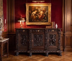 Restored 19th C. Neo-Renaissance Carved Oak Credenza (Matching Cabinet)