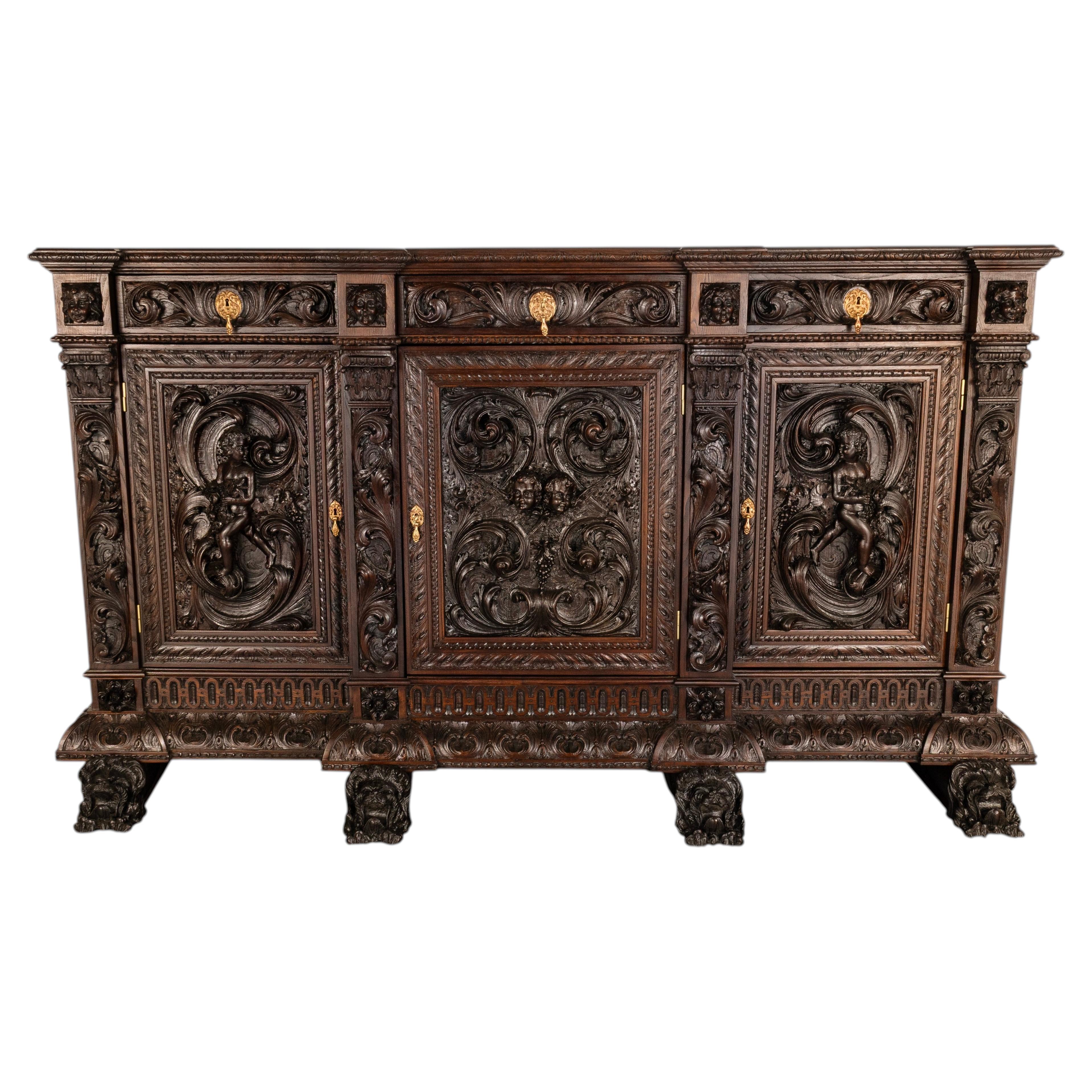 Restored 19th C. Neo-Renaissance Carved Oak Credenza (Matching Cabinet)