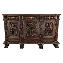 Restored 19th C. Neo-Renaissance Carved Oak Credenza (Matching Cabinet)